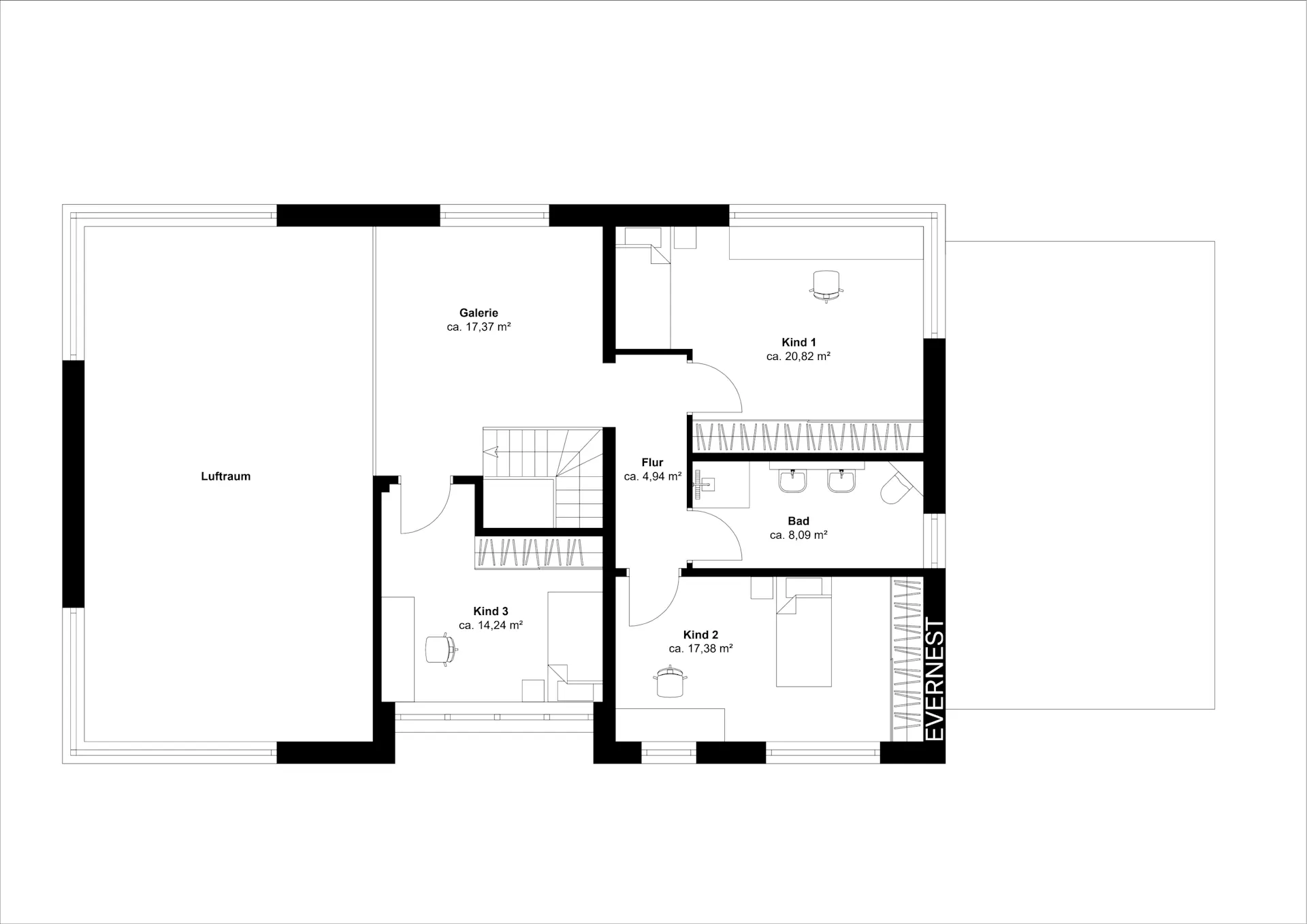 Grundriss einer Etage mit drei Kinderzimmern, Bad, Galerie, Flur und Luftraum.