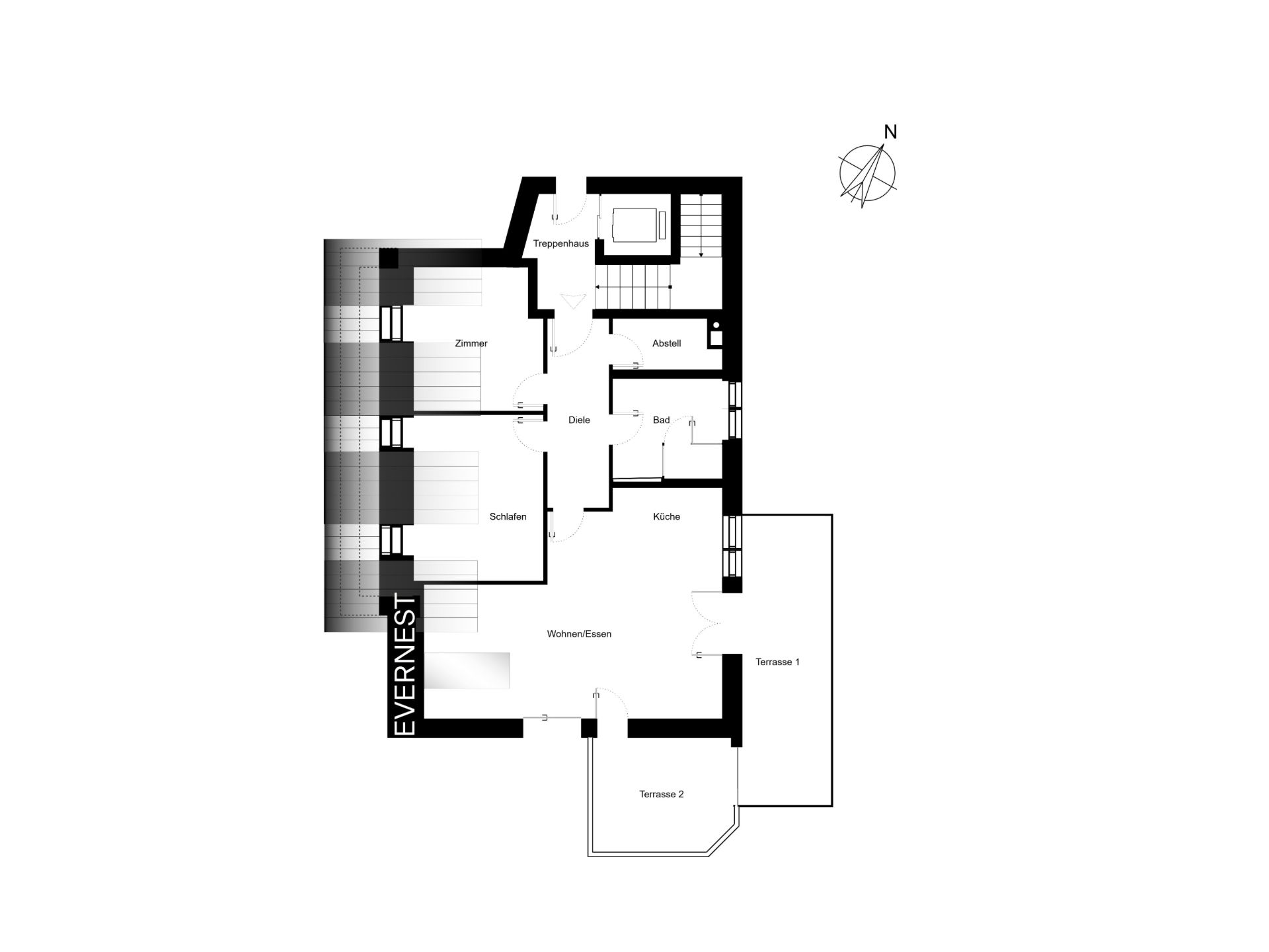 Grundriss einer Wohnung mit Zimmern, Bad, Küche, Abstellraum, Wohnbereich und zwei Terrassen.