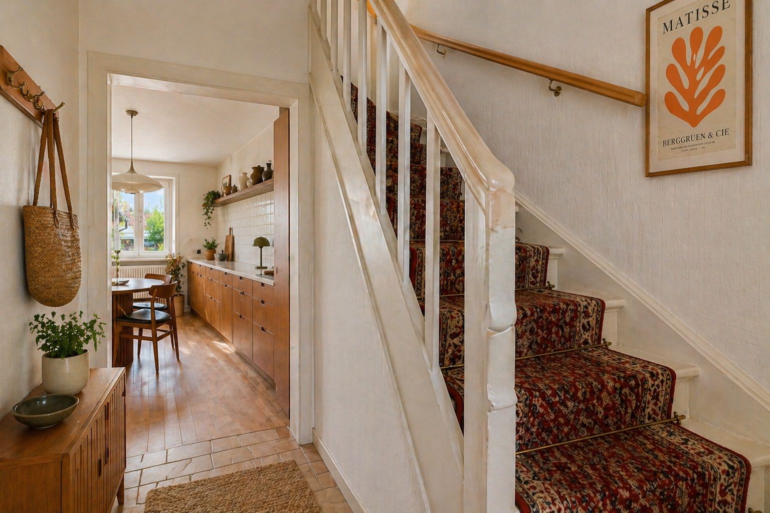 Flur mit Treppe und Blick in eine helle Küche mit Holzschränken und Esstisch.