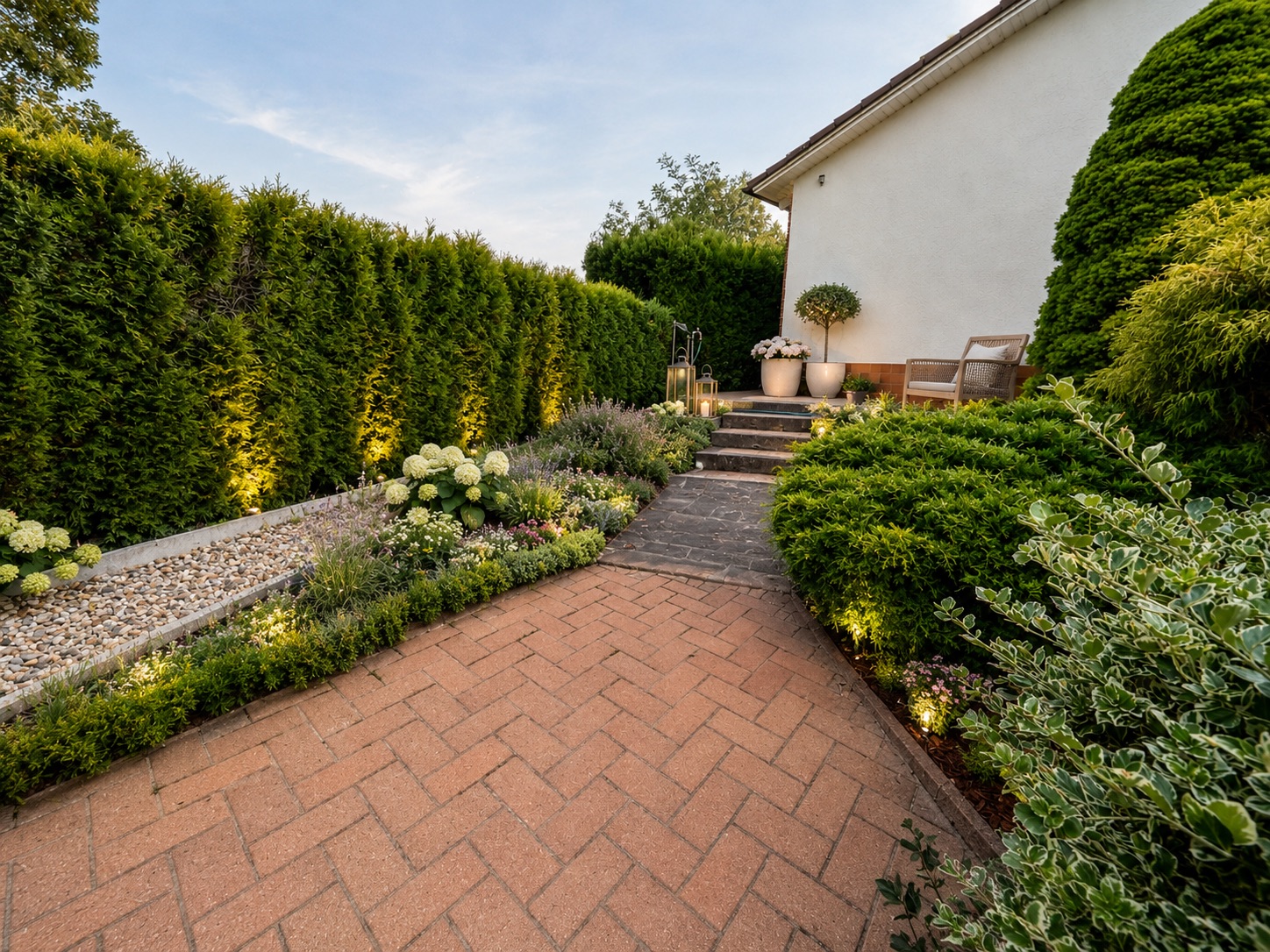 Gepflasterter Gartenweg mit Blumenbeeten, Hecke und Sitzbereich vor einem Haus.