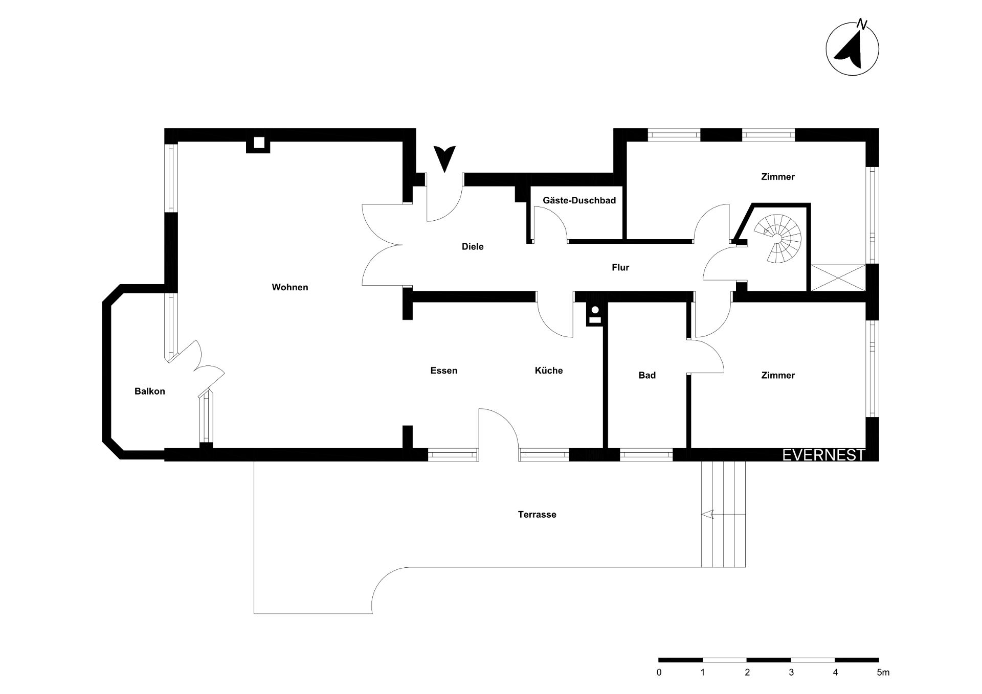 Grundriss einer Wohnung mit Balkon, Terrasse, Wohnzimmer, Küche, Essbereich, Bad und zwei Zimmern.