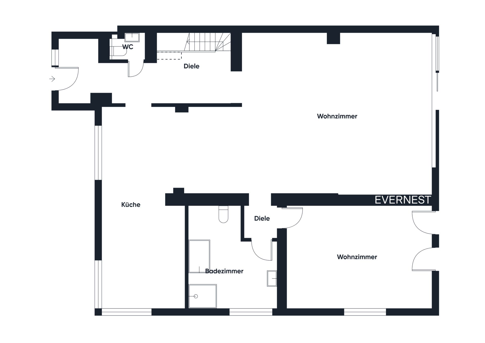 Grundriss mit Küche, zwei Wohnzimmern, Badezimmer, WC und Diele.