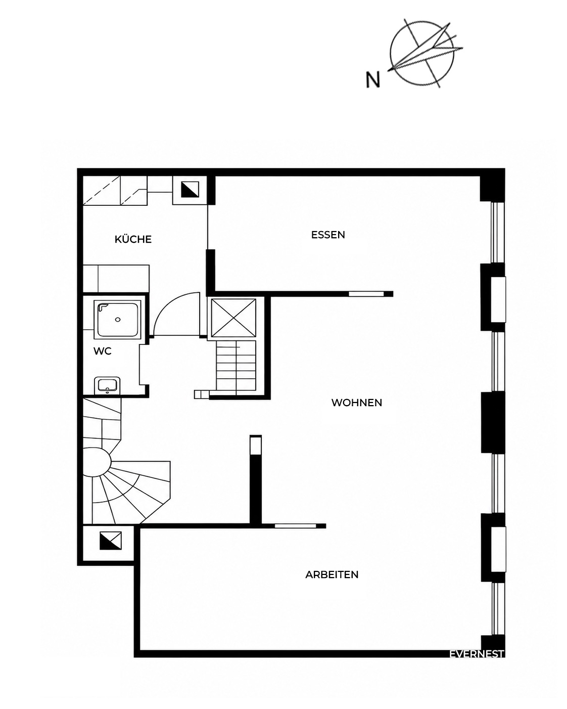 Grundriss mit Küche, WC, Essbereich, Wohnbereich und Arbeitszimmer.