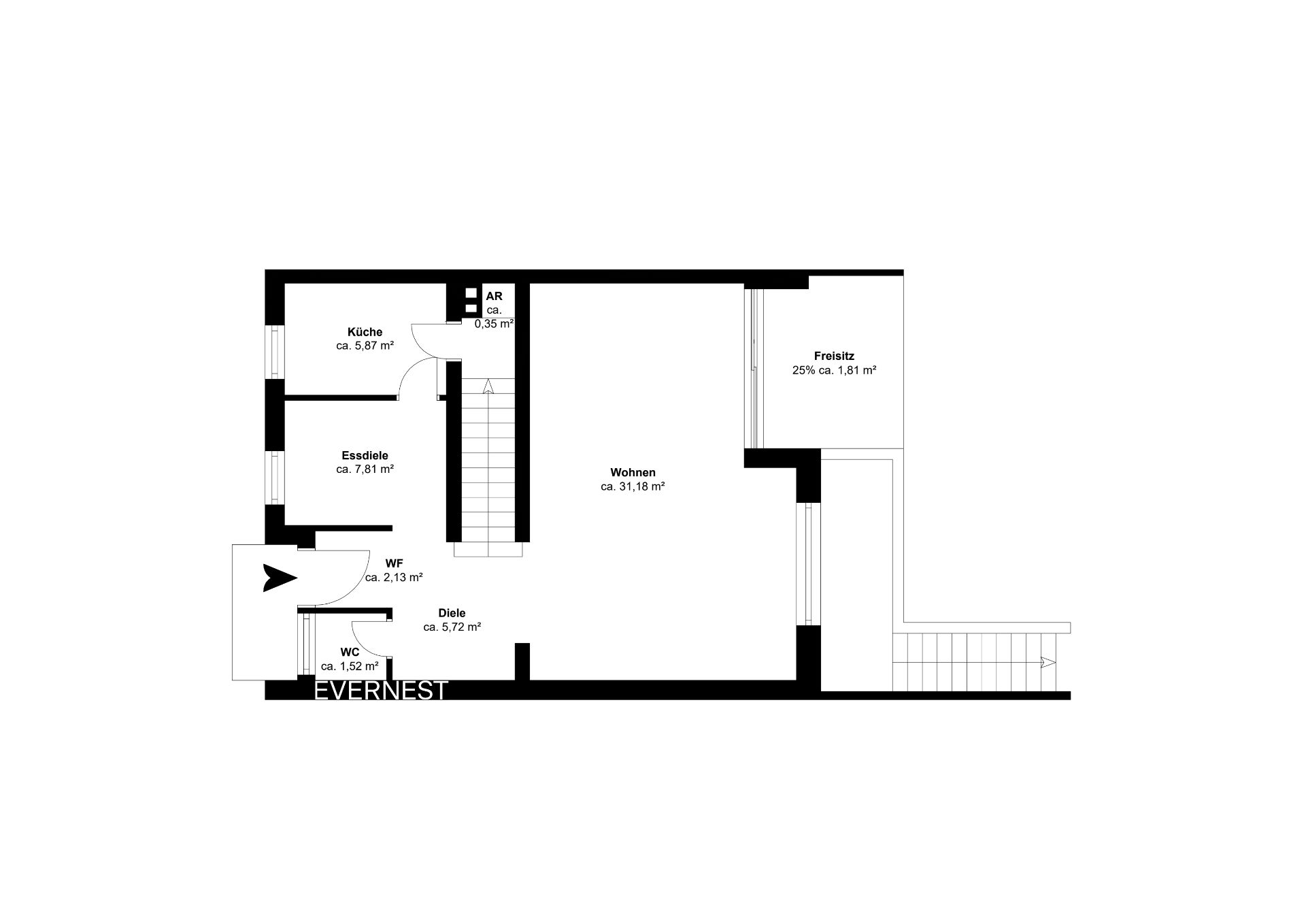 Grundriss mit Küche, Essdiele, Wohnen, WC, Diele, Abstellraum und Freisitz.