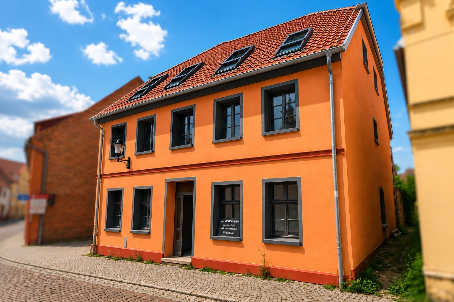 Zweistöckiges orangefarbenes Wohnhaus mit rotem Dach und mehreren Fenstern an einer gepflasterten Straße.