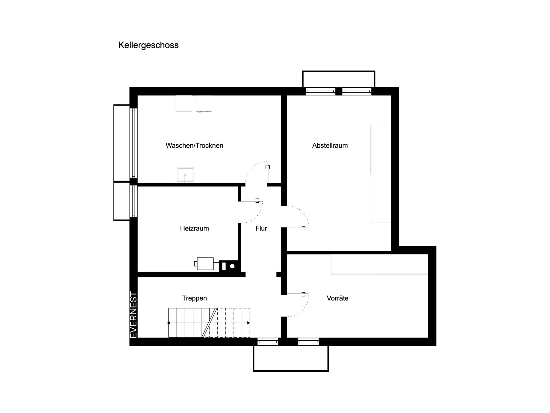 Grundriss des Kellers mit Waschraum, Heizraum, Flur, Abstellraum, Vorratsraum und Treppe.