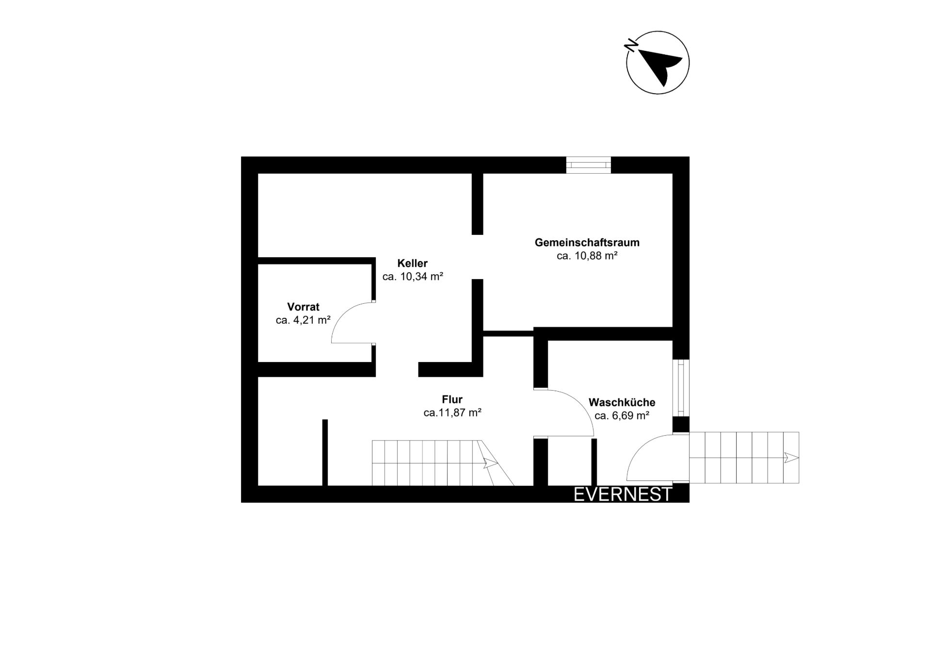 Grundriss eines Wohnkellers mit Vorratsraum, Keller, Flur, Waschküche und Gemeinschaftsraum.