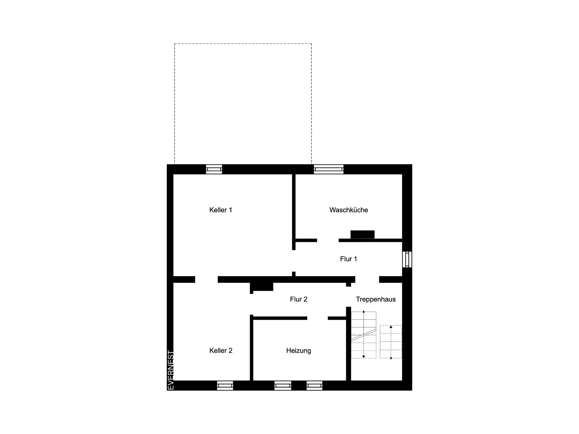 Grundriss zeigt Keller mit Waschküche, Heizungsraum, zwei Kellerräumen, Fluren und Treppenhaus.