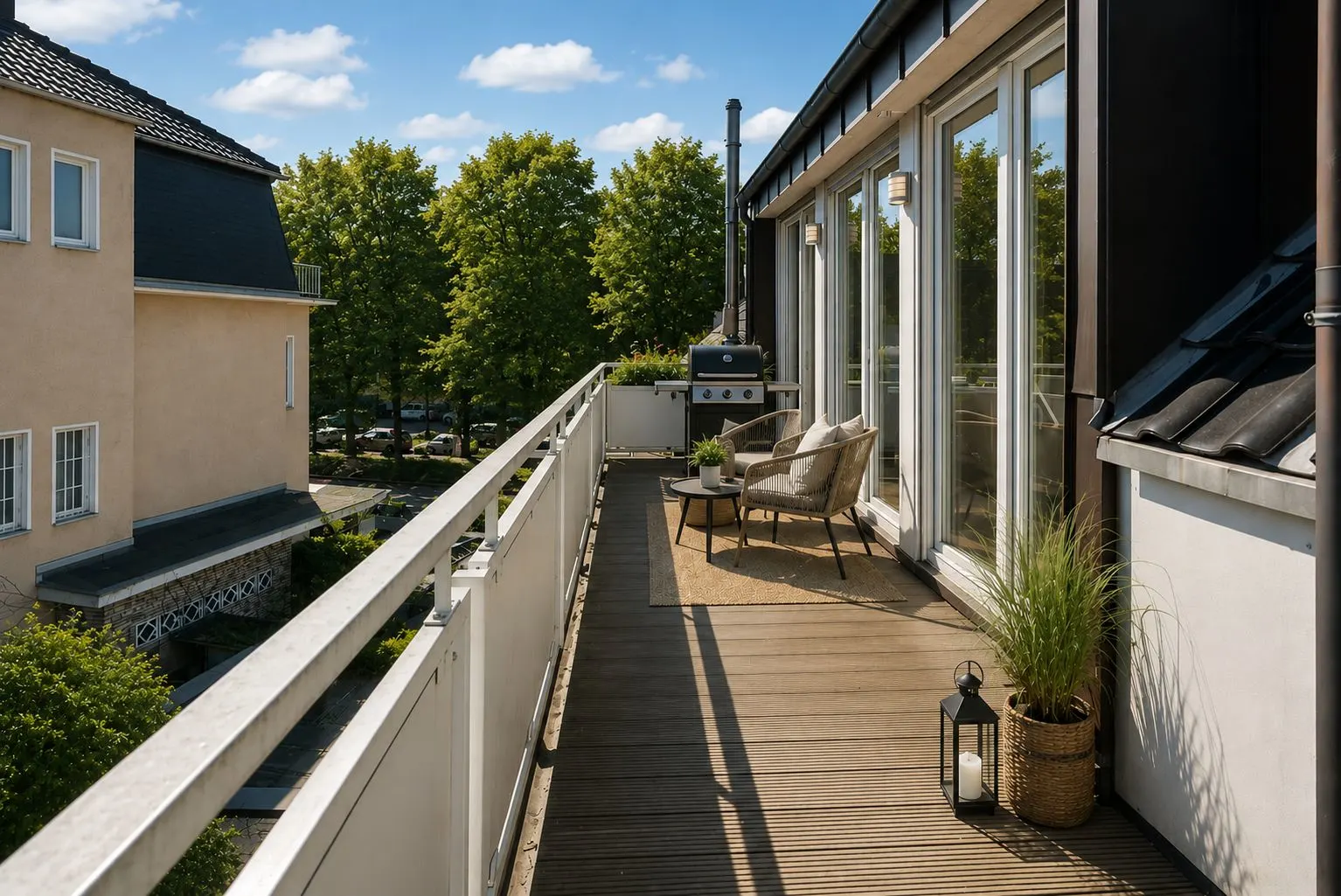 Großer Balkon mit Holzboden, Sitzmöbeln, Pflanze und Grill, Blick auf Bäume und Nachbarhaus.