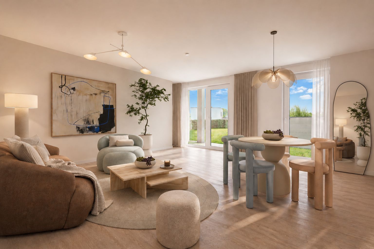 Helles Wohnzimmer mit modernen Möbeln, Esstisch, bodentiefen Fenstern und Blick auf den Garten.