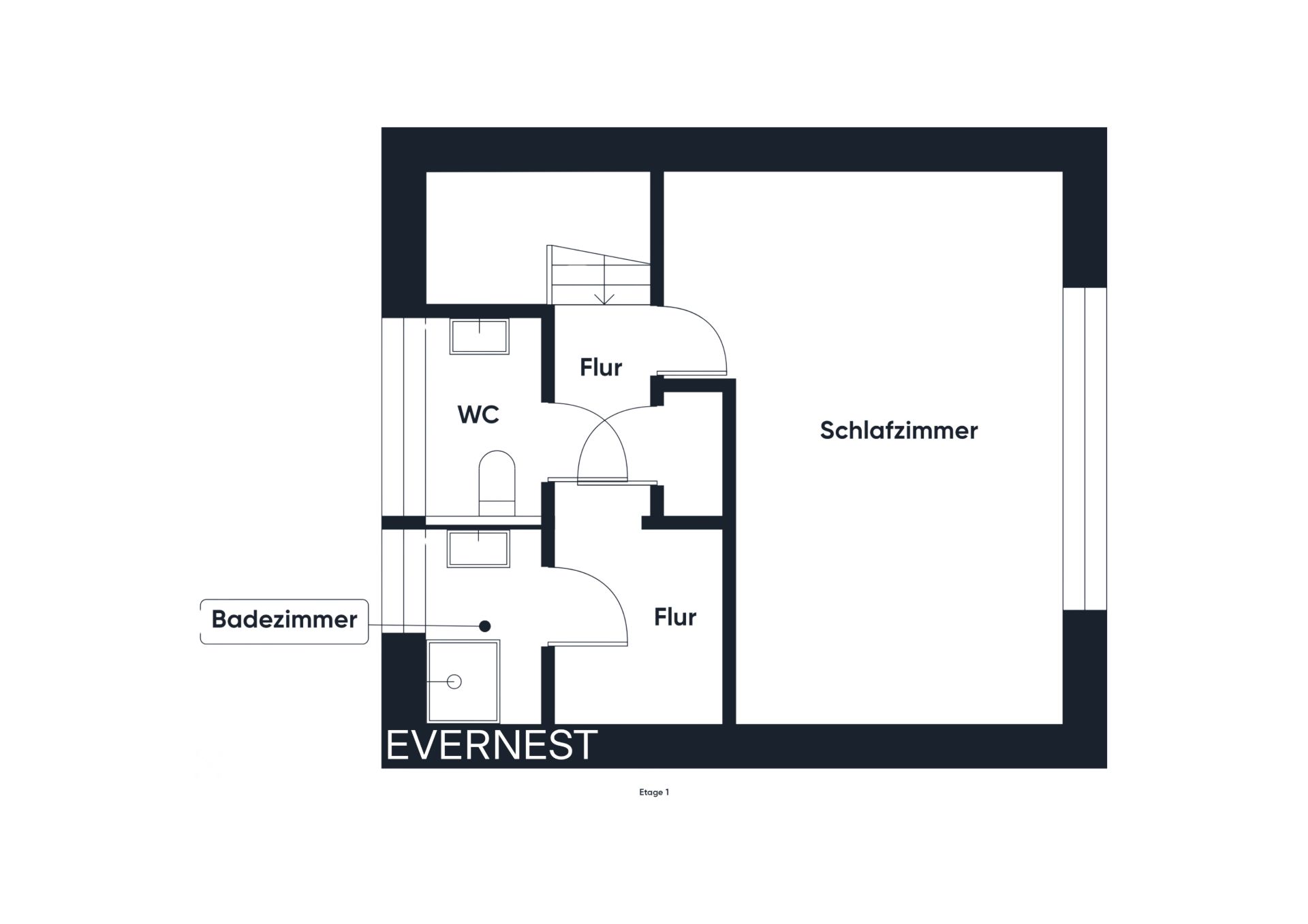 Grundriss mit Schlafzimmer, WC, Badezimmer und Fluren.