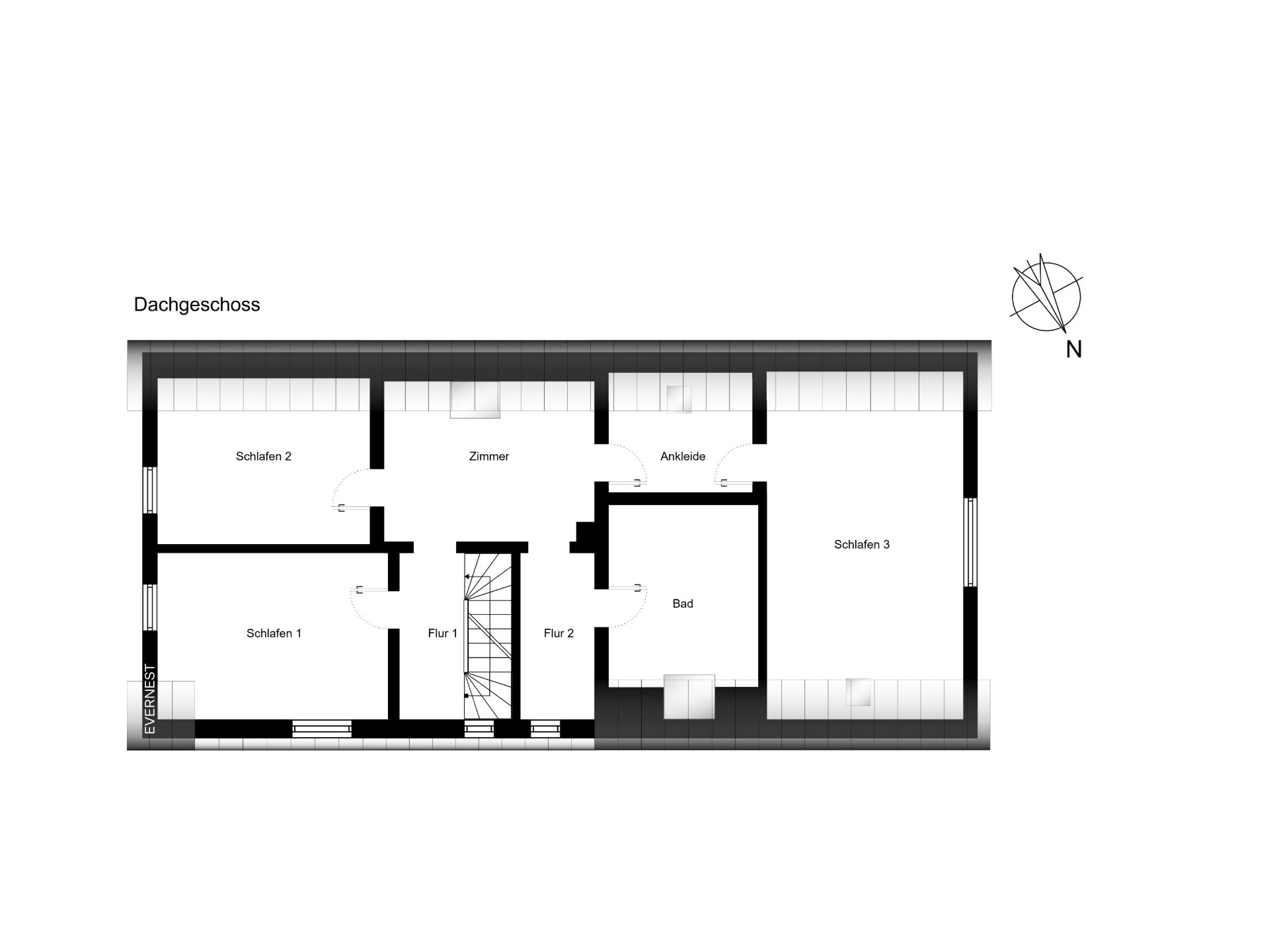 Grundriss des Dachgeschosses mit drei Schlafzimmern, Bad, Ankleide und zwei Fluren.