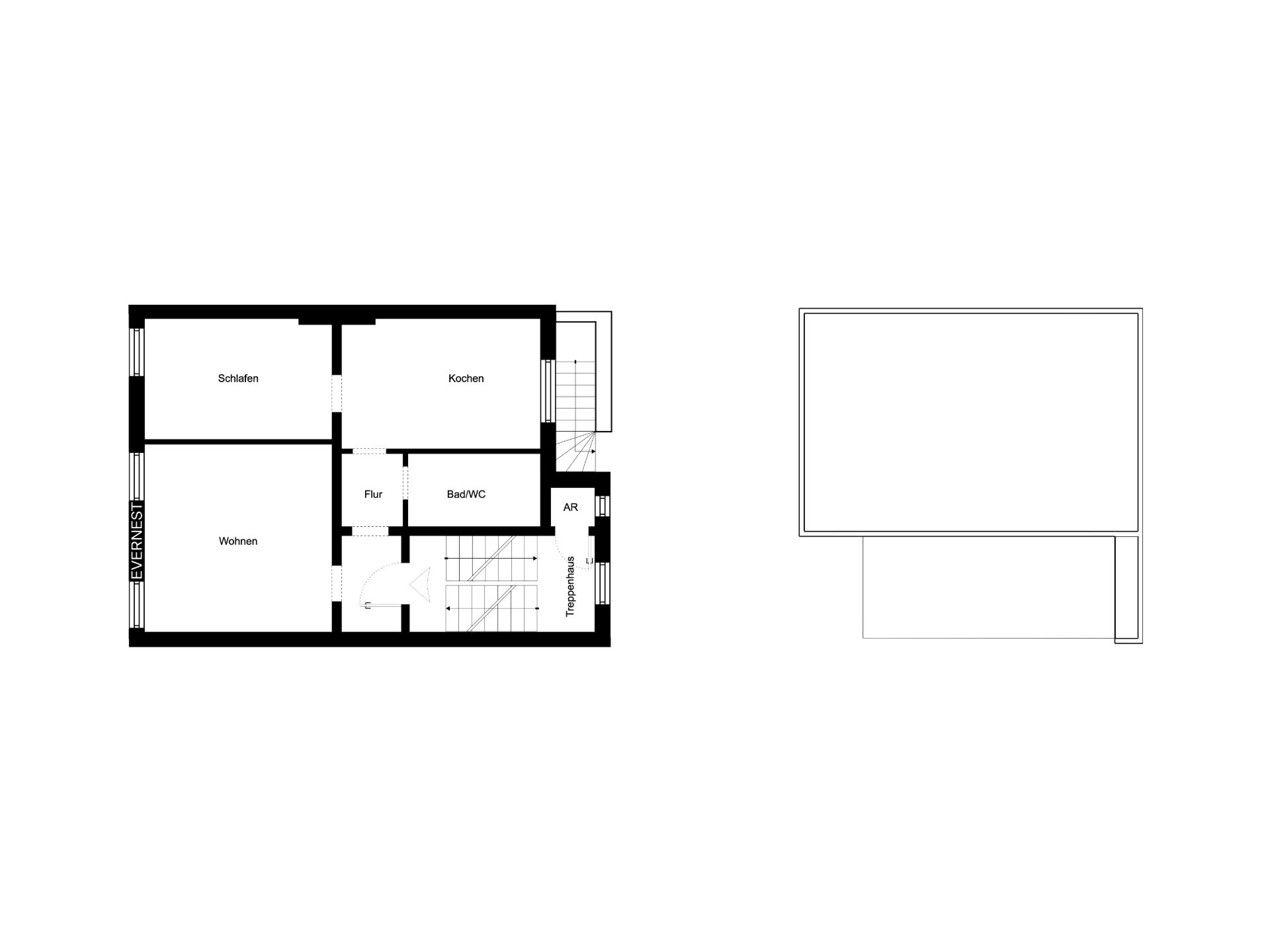 Grundriss einer Wohnung mit Schlafzimmer, Wohnzimmer, Küche, Bad/WC und Flur.