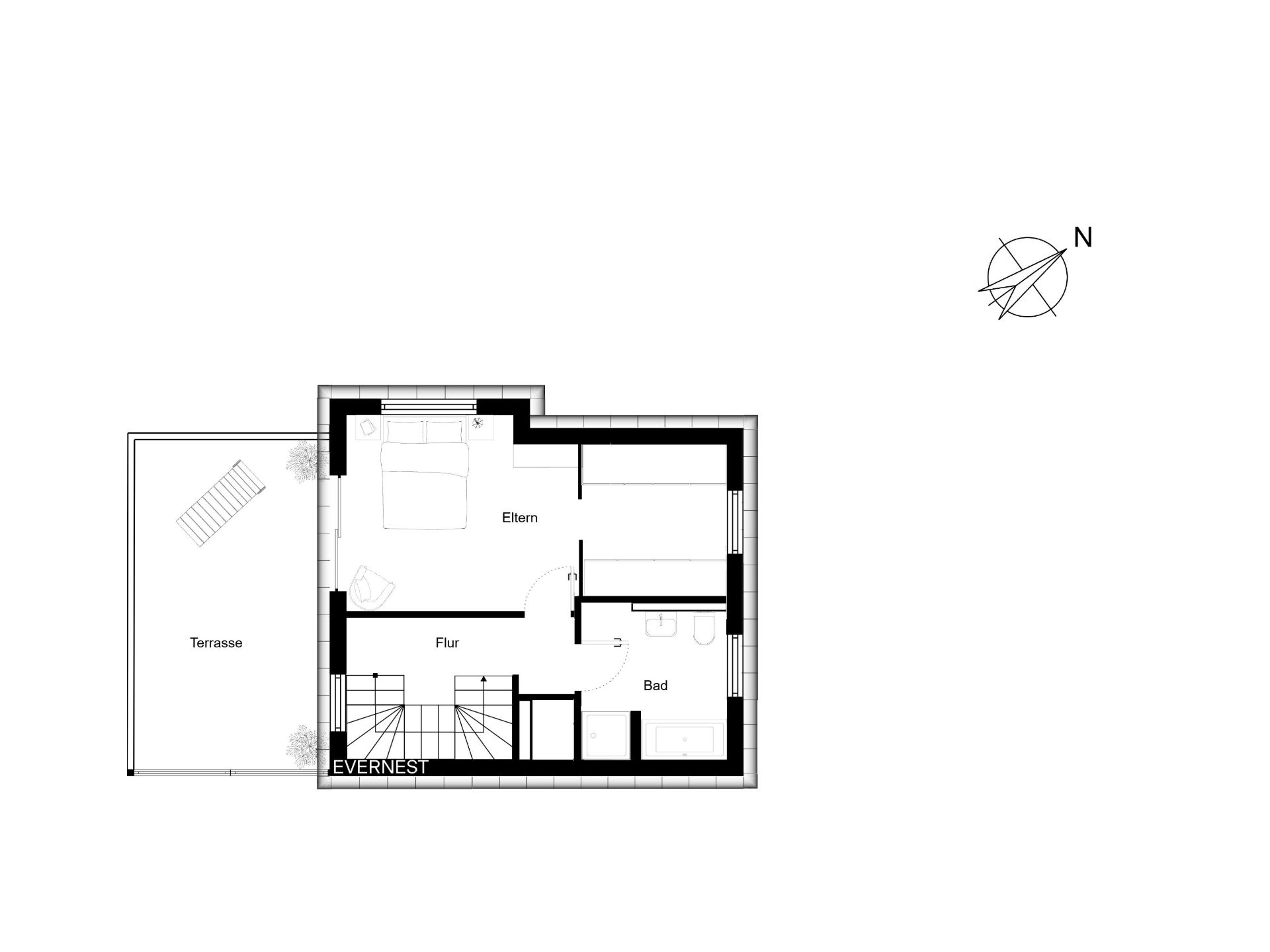 Grundriss mit Schlafzimmer, Bad, Flur und Terrasse.