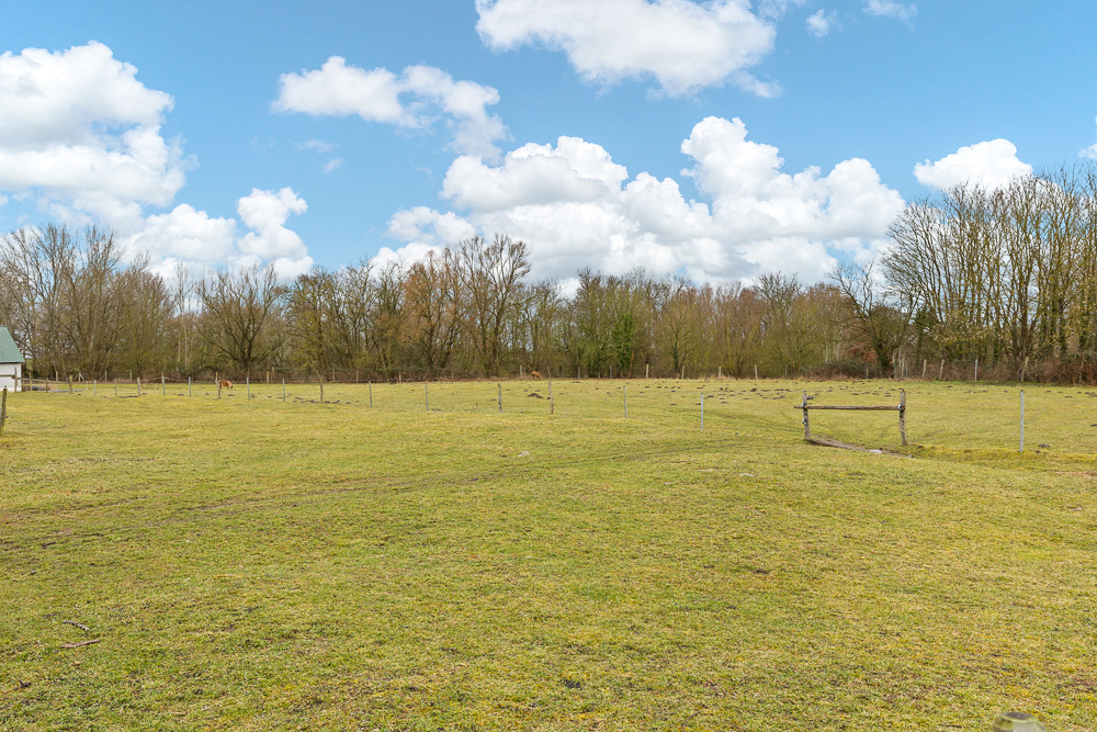 Große, eingezäunte Wiese mit Bäumen im Hintergrund unter blauem Himmel mit Wolken.