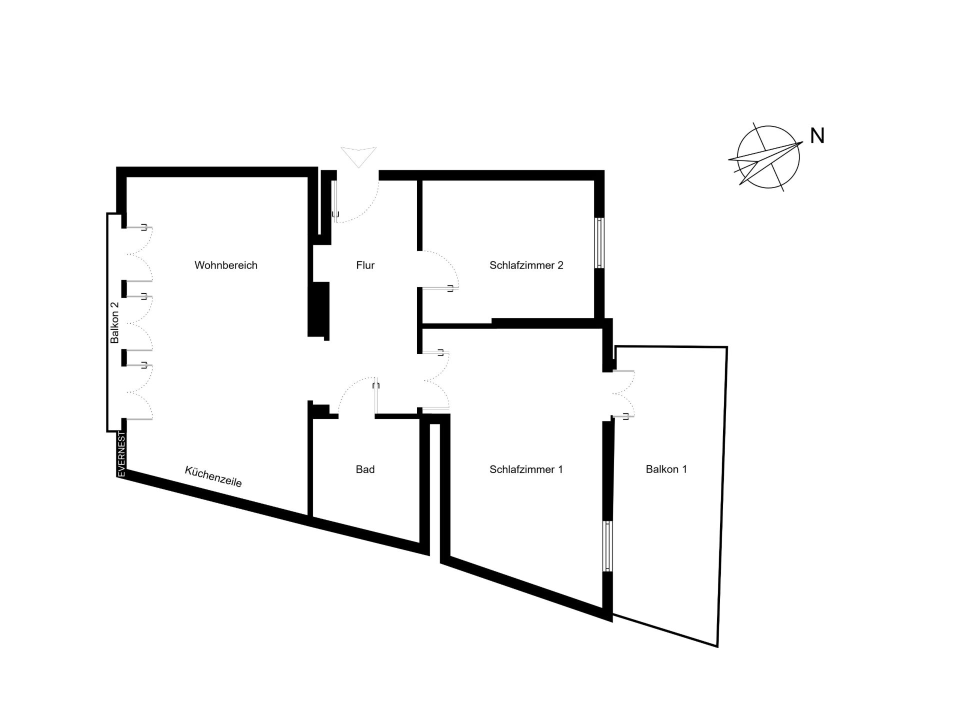 Grundriss mit Wohnbereich, Küche, Bad, zwei Schlafzimmern, Flur und zwei Balkonen.