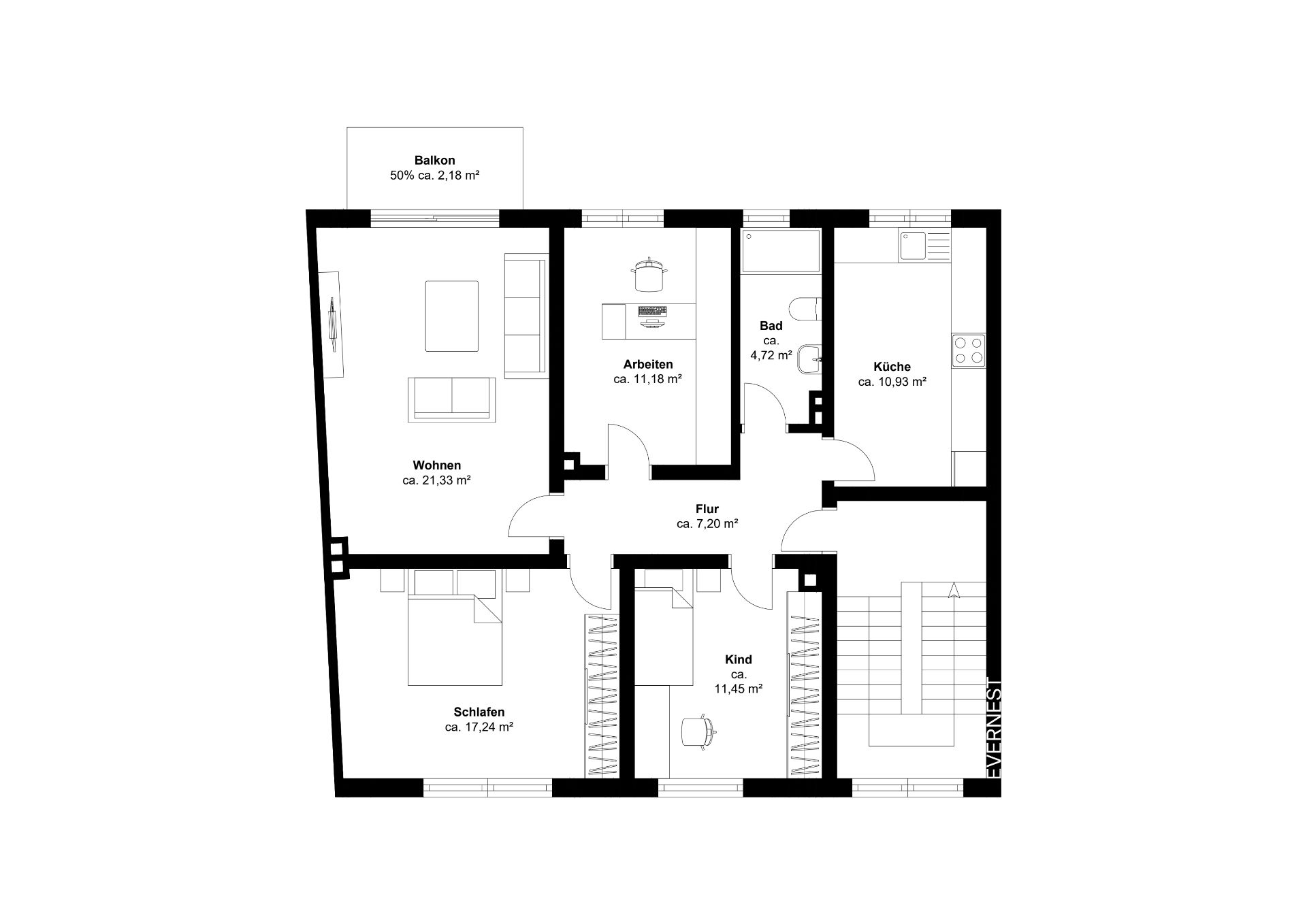 Grundriss einer Wohnung mit Wohnzimmer, Schlafzimmer, Kinderzimmer, Bad, Küche, Arbeitszimmer und Balkon.