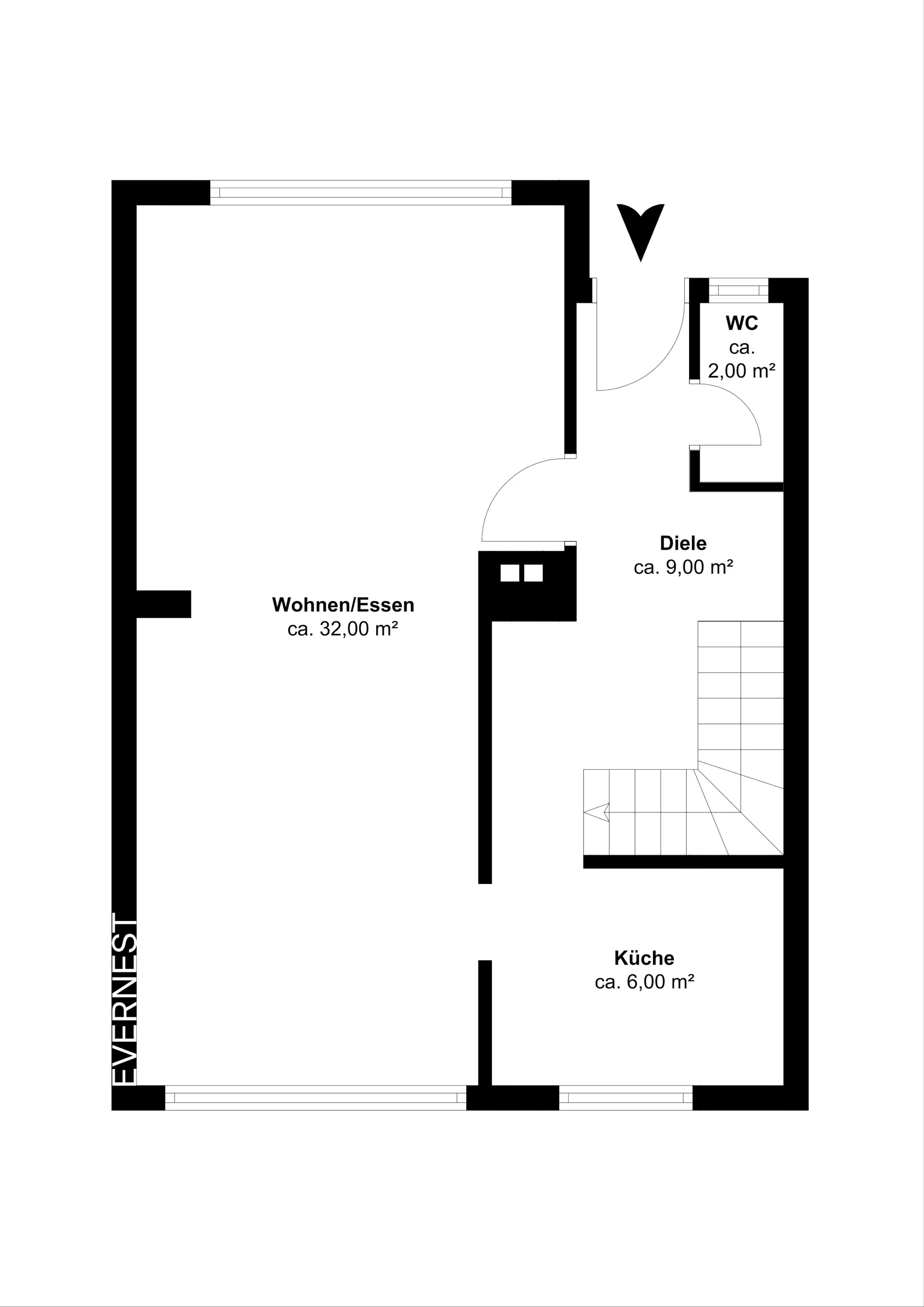 Grundriss mit Wohnzimmer, Küche, Diele, WC und Treppe, Flächenangaben in Quadratmetern.