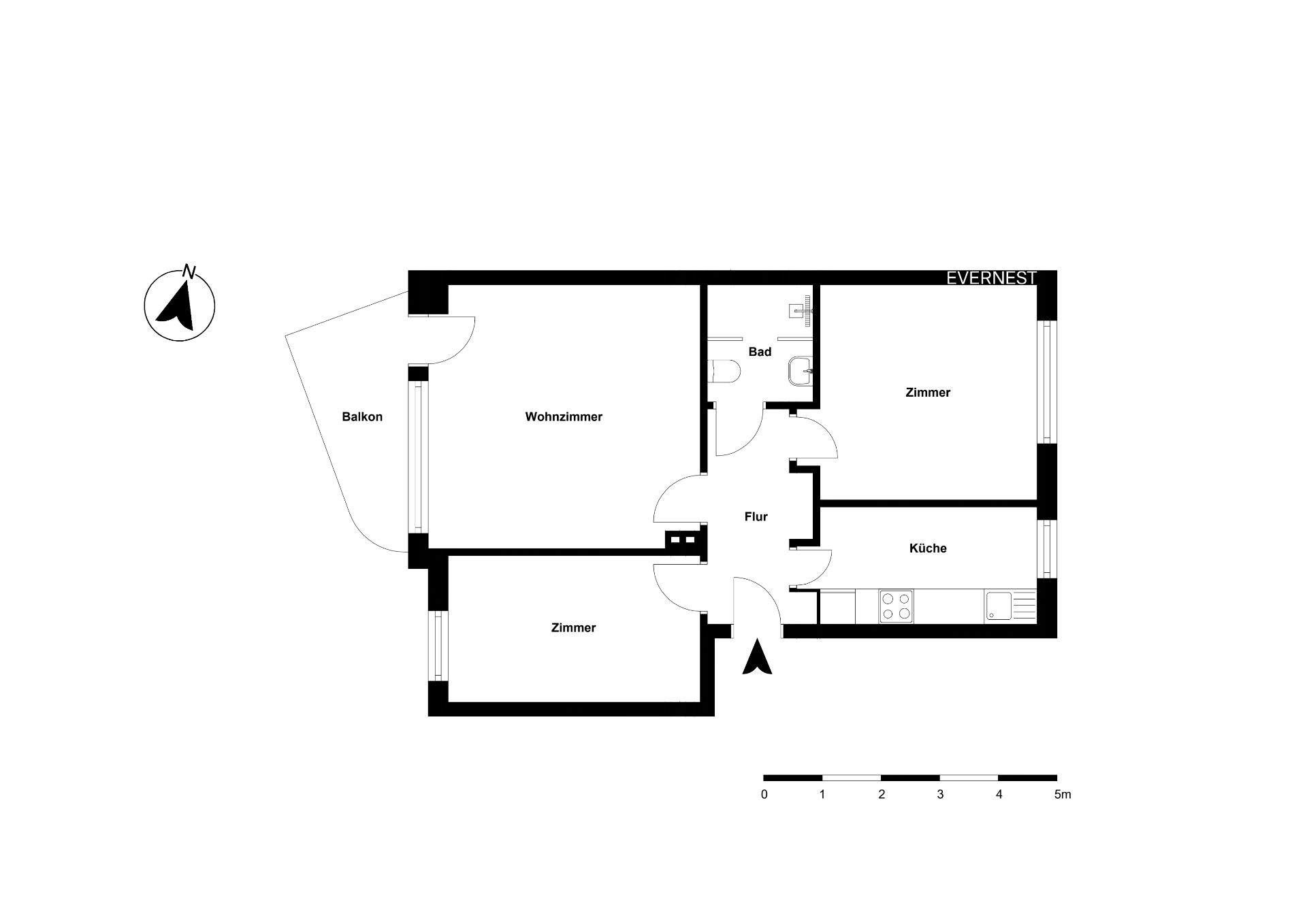 Grundriss einer Wohnung mit Wohnzimmer, zwei Zimmern, Küche, Bad, Flur und Balkon.