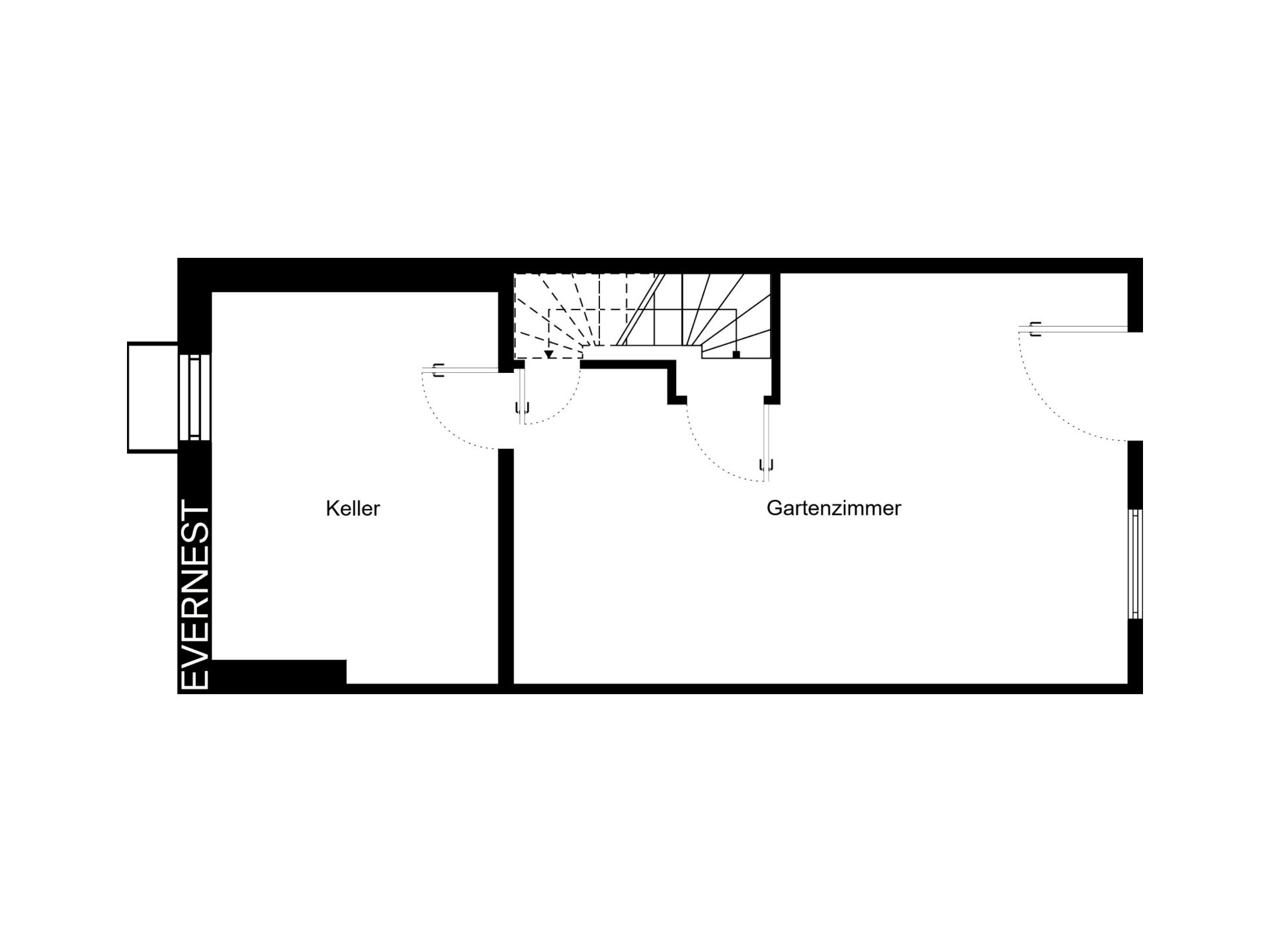 Grundriss mit Keller, Garten­zimmer und Treppe.