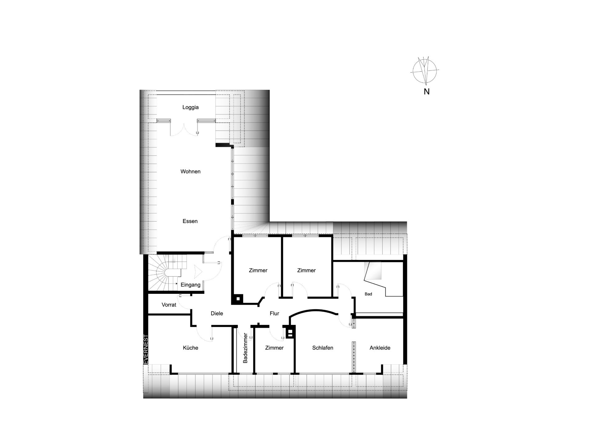 Grundriss einer Wohnung mit mehreren Zimmern, Küche, Bad, Wohn- und Essbereich sowie Loggia.
