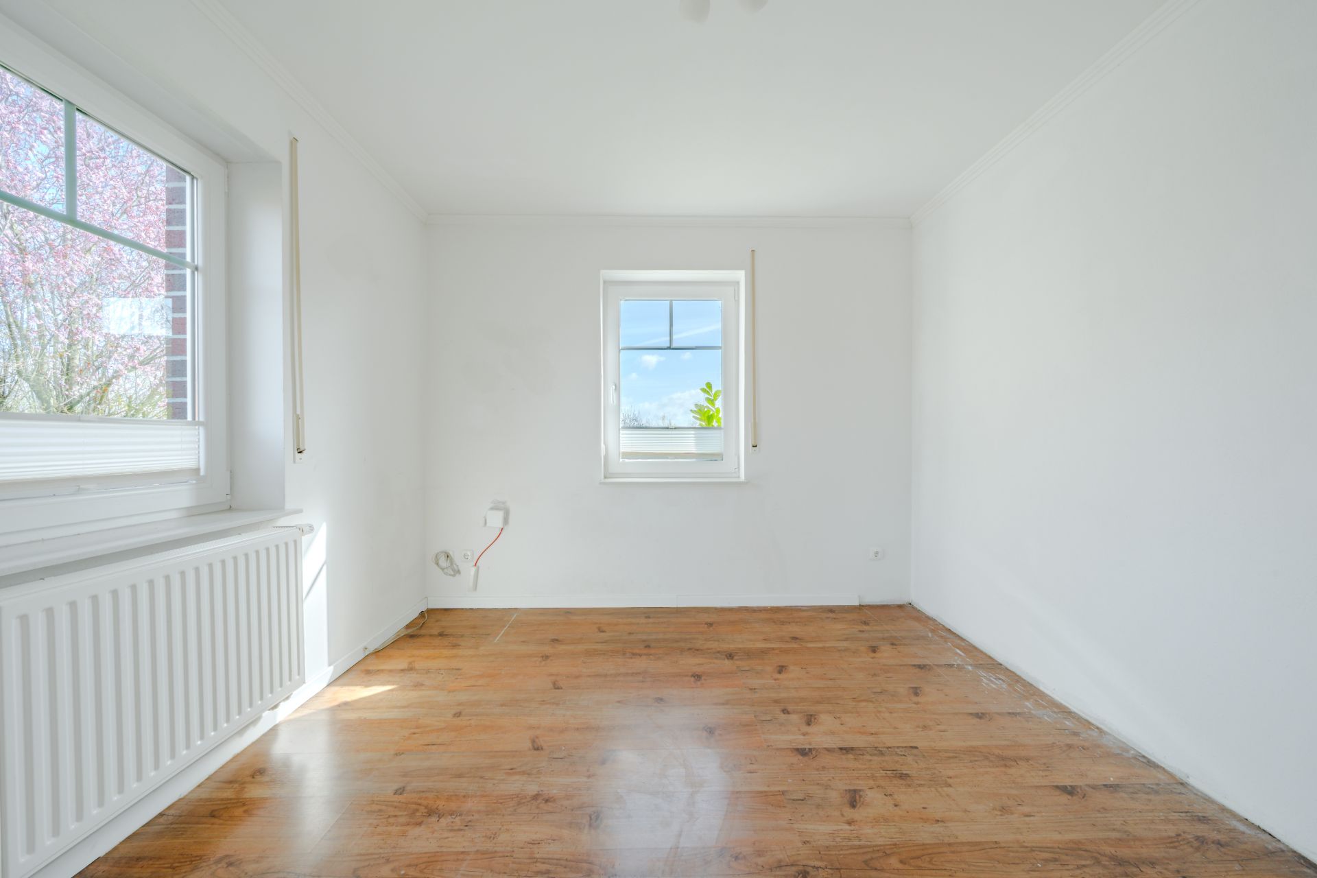 Leerer Raum mit weiß gestrichenen Wänden, Holzboden und zwei Fenstern.