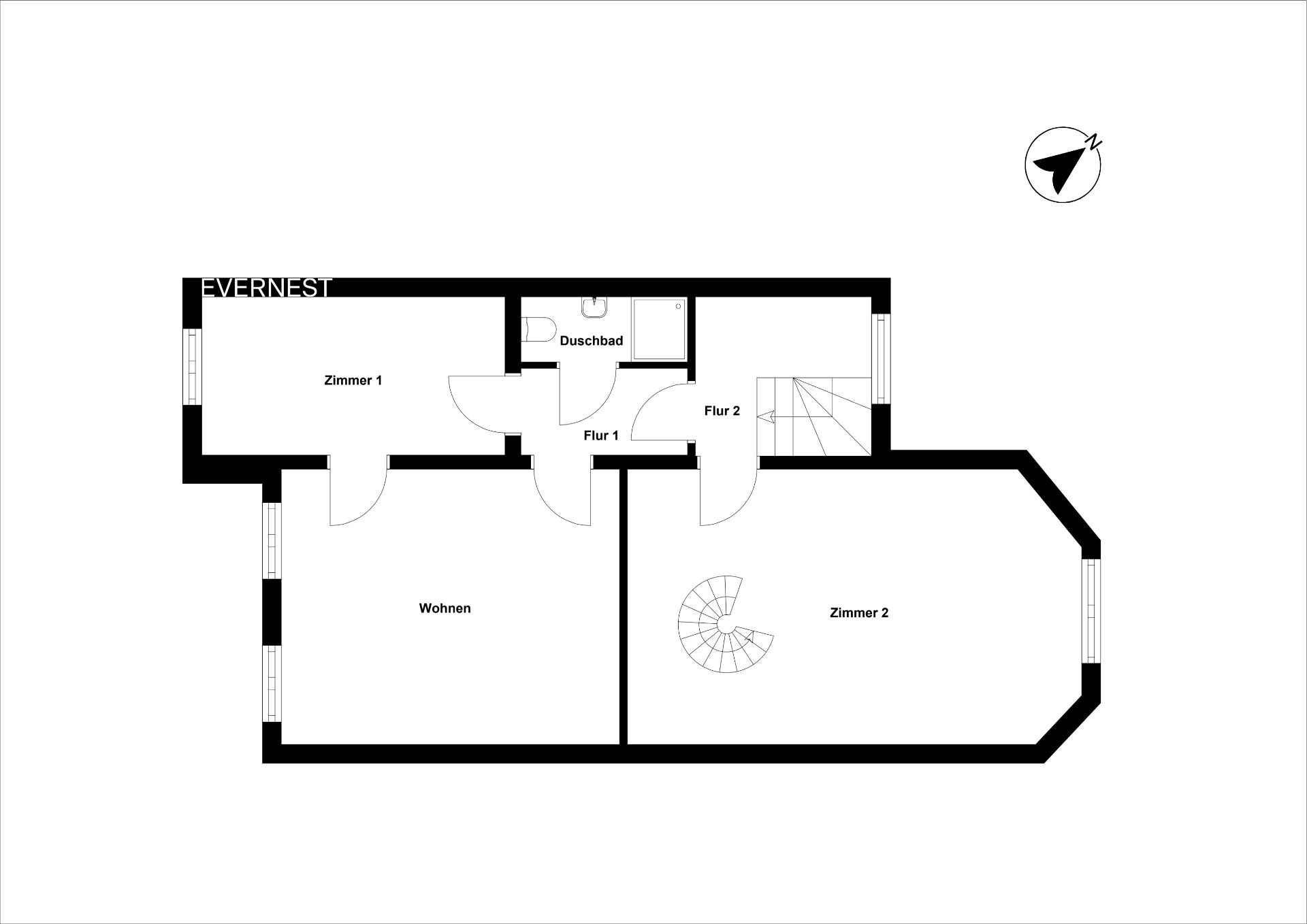 Grundriss mit zwei Zimmern, Wohnzimmer, Duschbad, zwei Fluren und Treppe.
