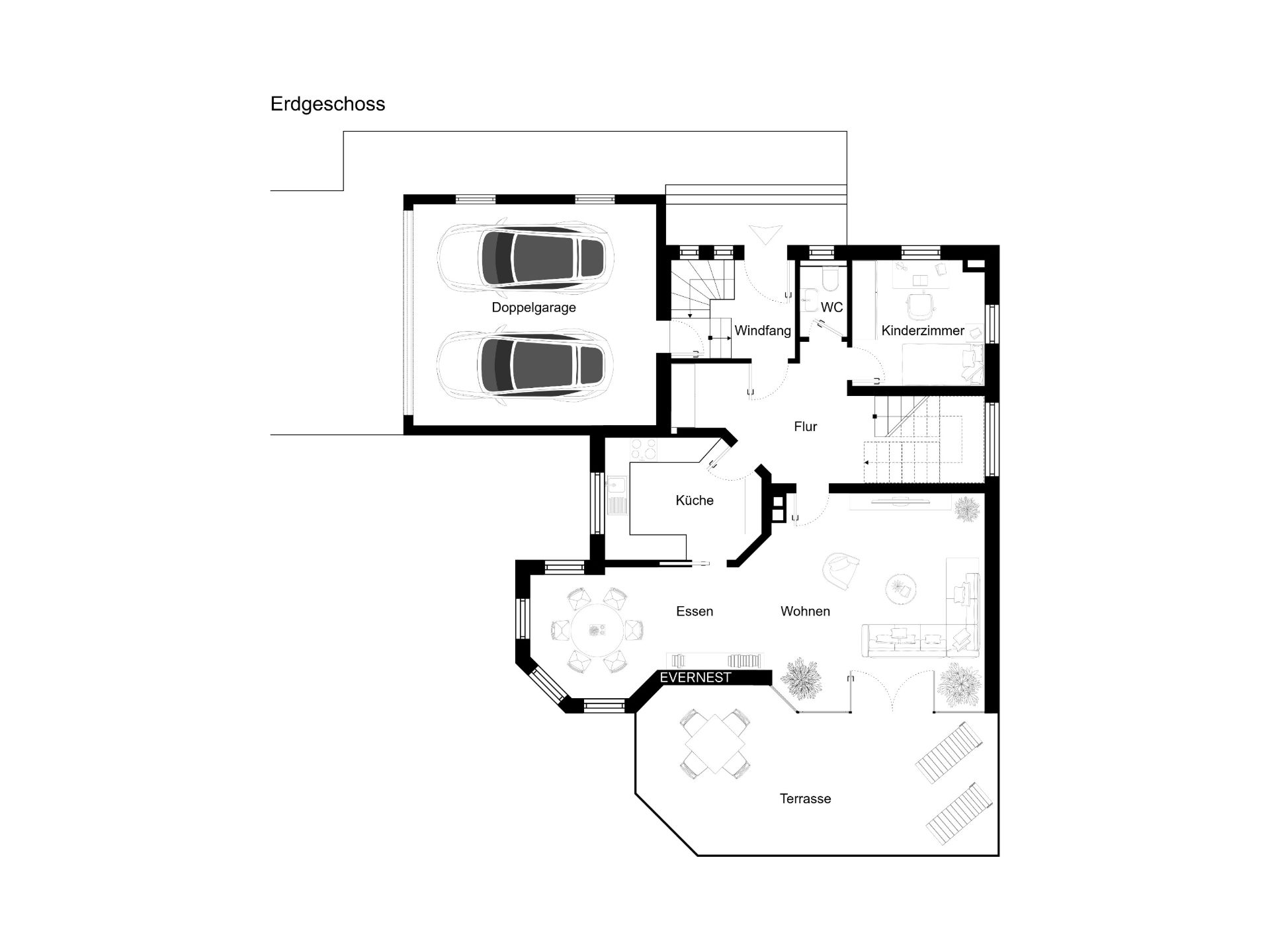 Grundriss des Erdgeschosses mit Doppelgarage, Küche, Ess- und Wohnzimmer, Kinderzimmer und Terrasse.