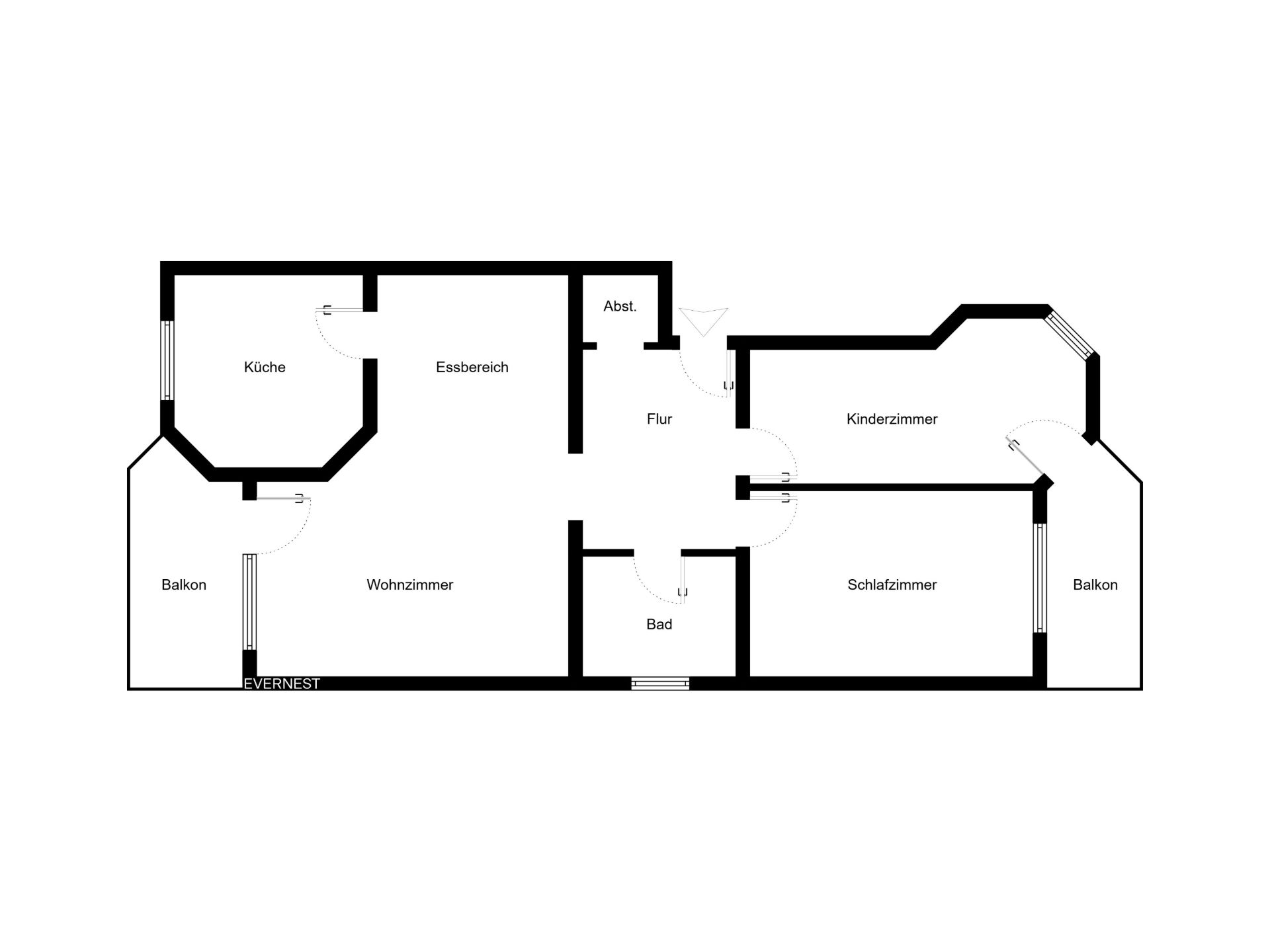 Grundriss einer Wohnung mit Wohnzimmer, Schlafzimmer, Kinderzimmer, Küche, Bad, zwei Balkonen.