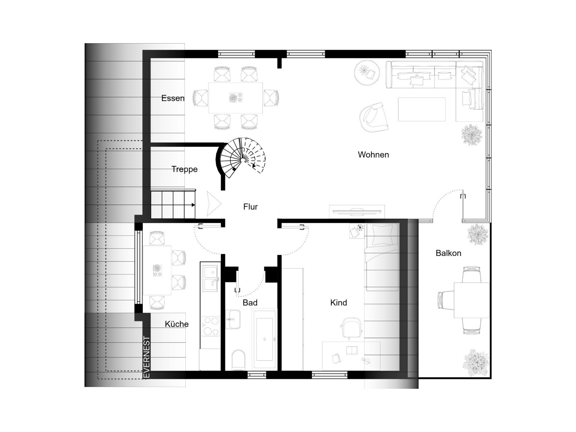 Grundriss einer Wohnung mit Küche, Bad, Kinderzimmer, Wohnzimmer, Essbereich und Balkon.