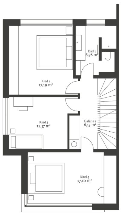 Grundriss mit drei Schlafzimmern, einem Bad, einer Galerie und einer Treppe.