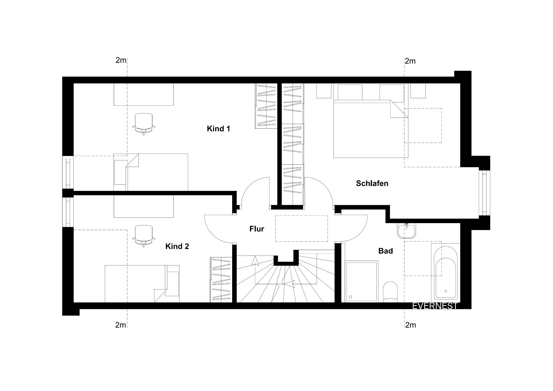 Grundriss mit zwei Kinderzimmern, Schlafzimmer, Flur, Bad und Treppe.
