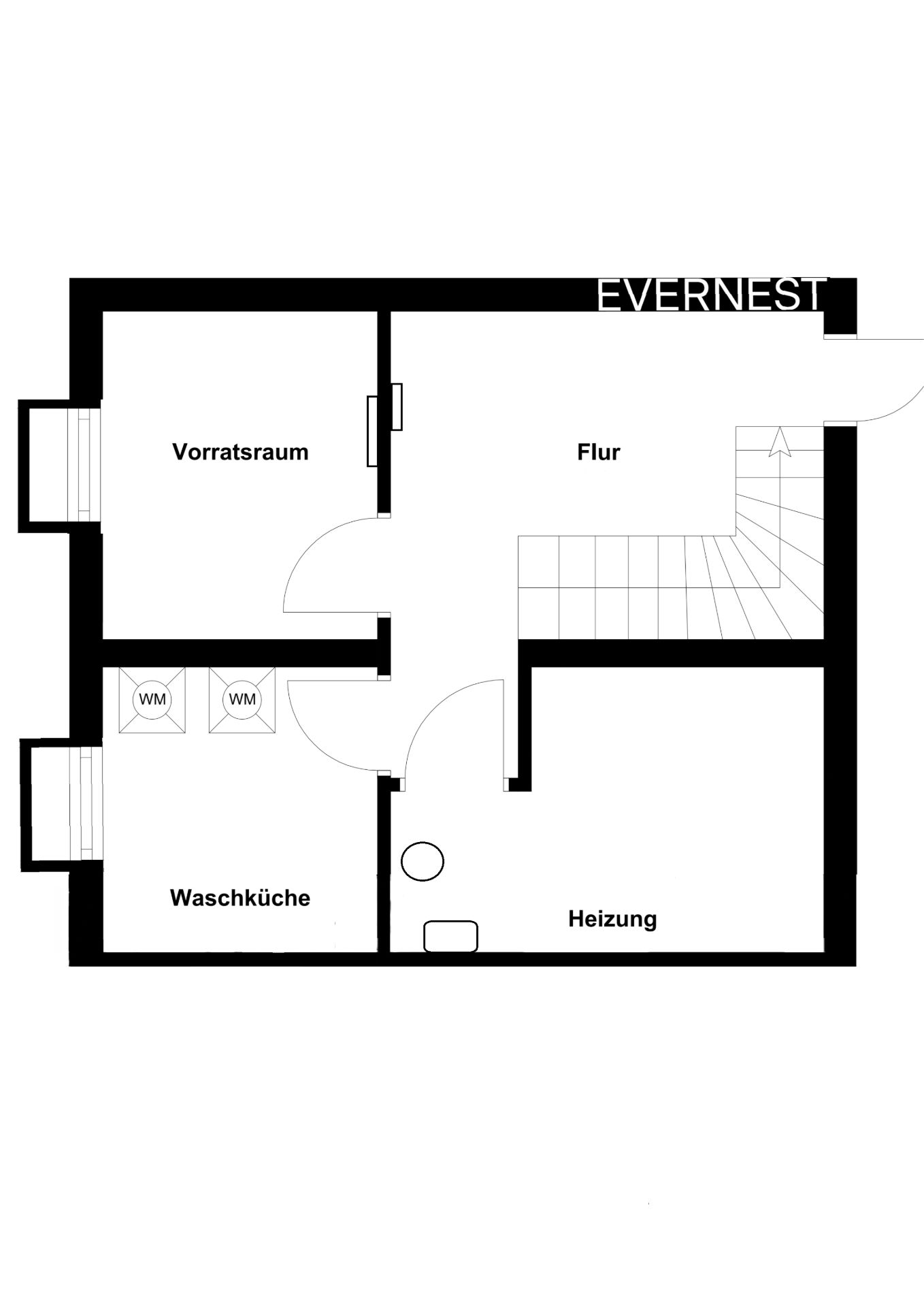 Grundriss mit Vorratsraum, Flur, Waschküche und Heizungsraum.