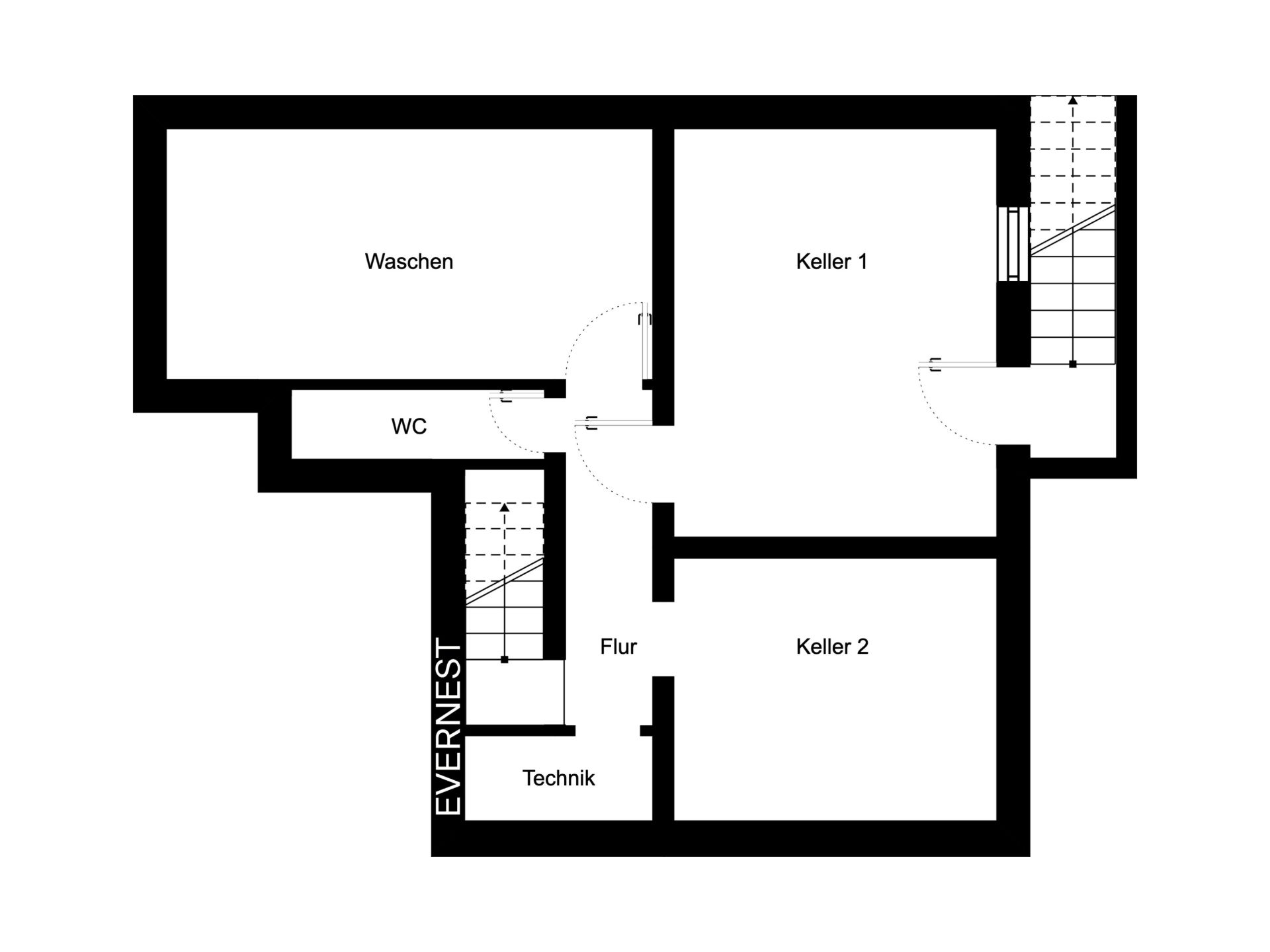 Kellergeschoss-Grundriss mit Waschen, WC, Technik, Flur, Keller 1 und Keller 2.
