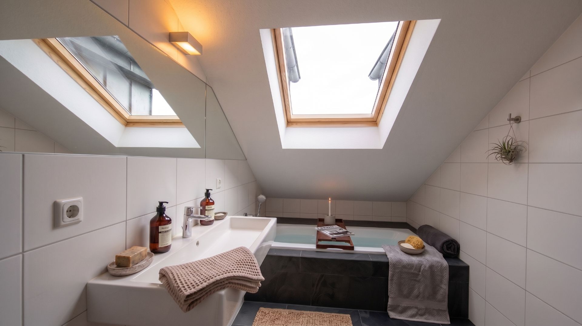 Modernes Bad mit Dachfenster, Badewanne, Waschbecken und Handtüchern.