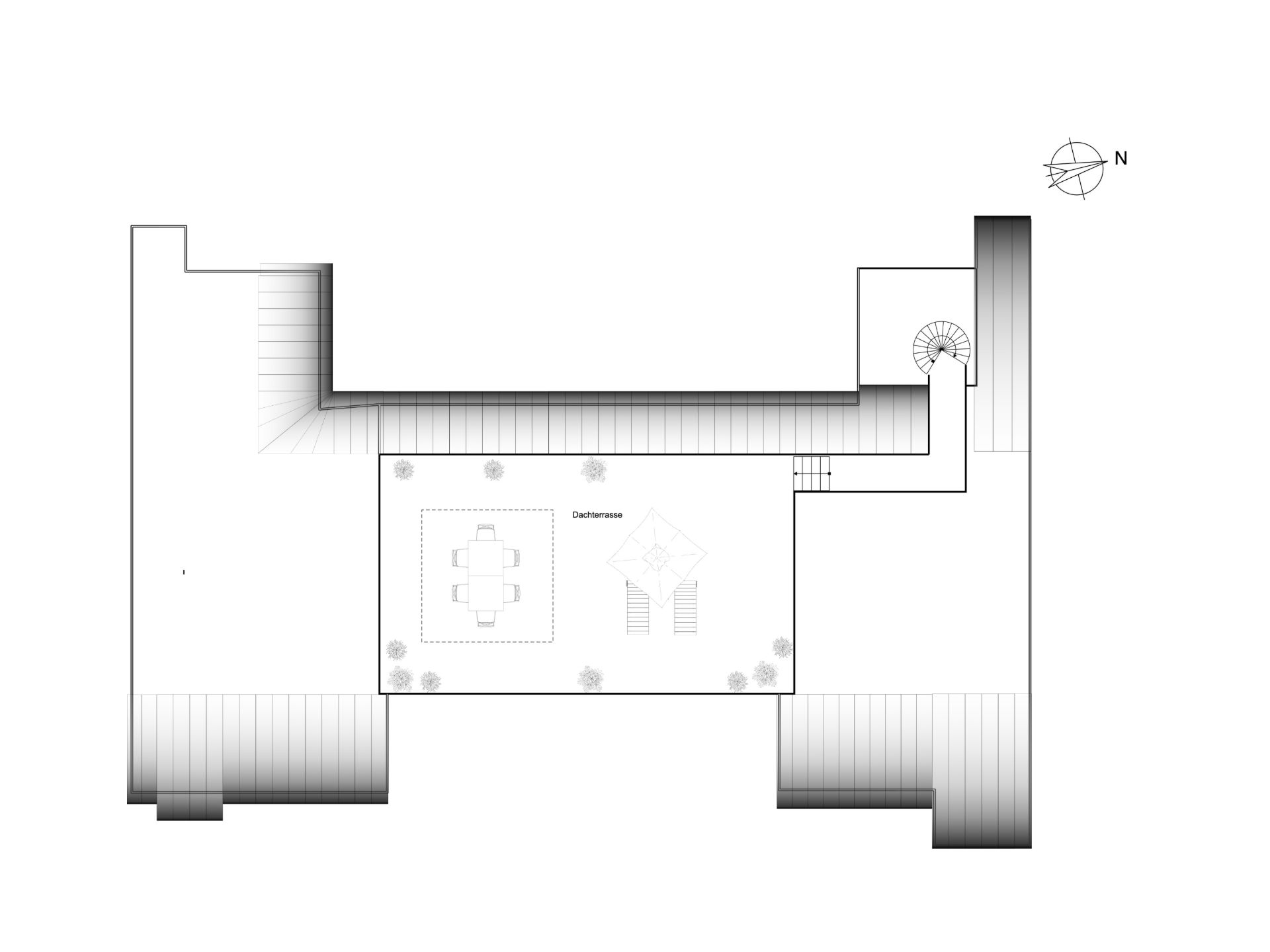 Grundriss einer Dachterrasse mit Tisch, Stühlen und umliegenden Pflanzen.