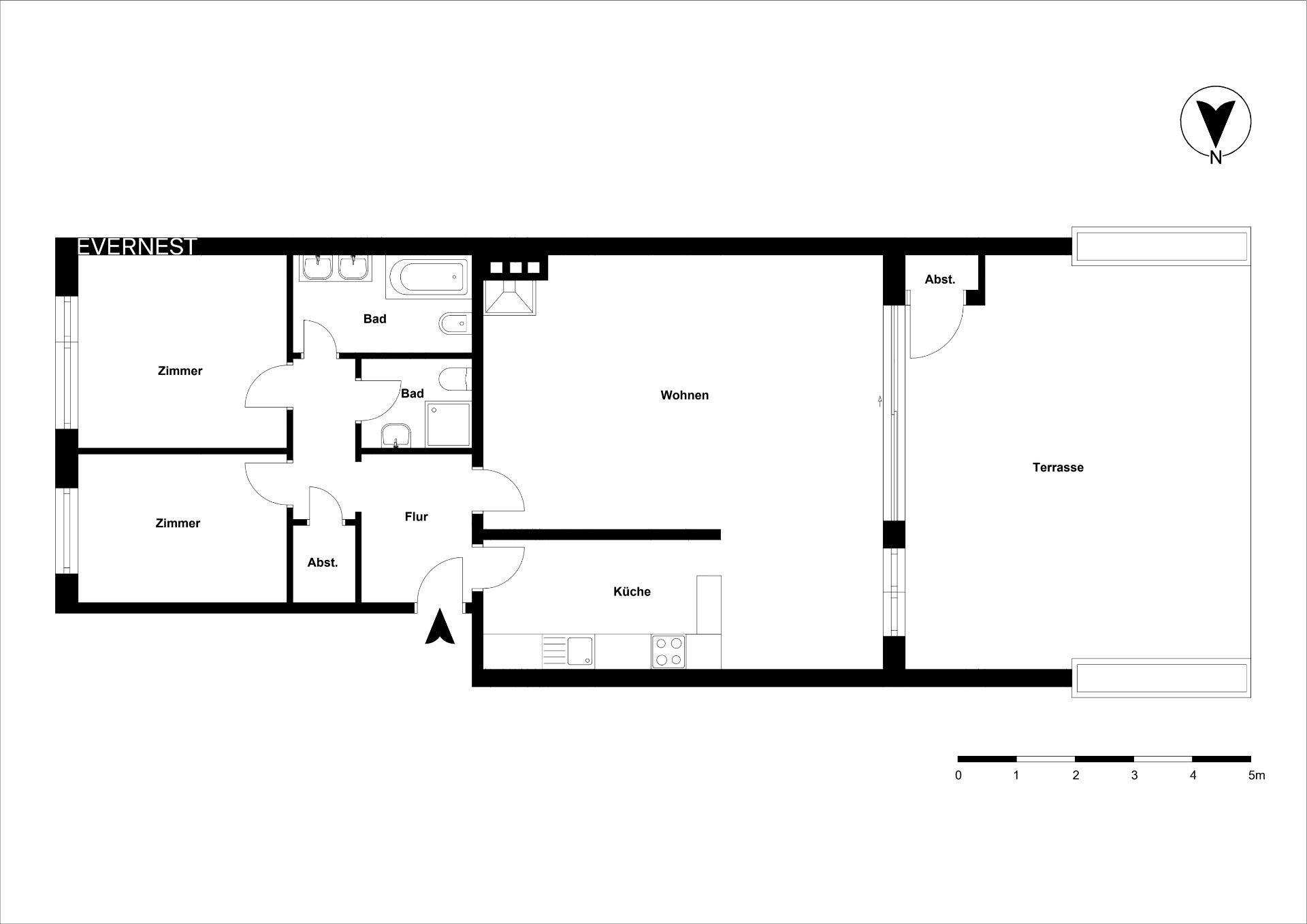 Grundriss einer Wohnung mit zwei Zimmern, Küche, zwei Bädern, Wohnzimmer und Terrasse.