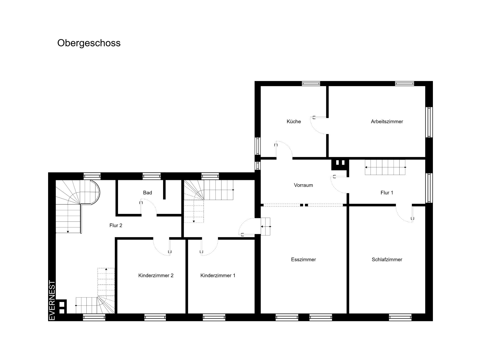 Grundriss des Obergeschosses mit Küche, Bad, Esszimmer, Schlafzimmer, Arbeits- und Kinderzimmern.