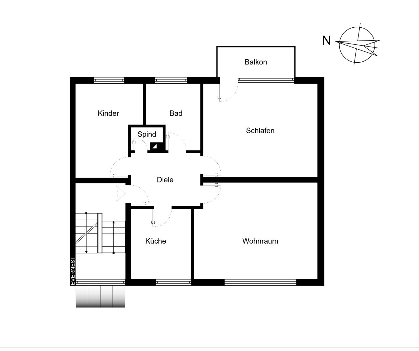 Grundriss mit Kinderzimmer, Bad, Schlafen, Balkon, Küche, Wohnraum, Diele und Spind.