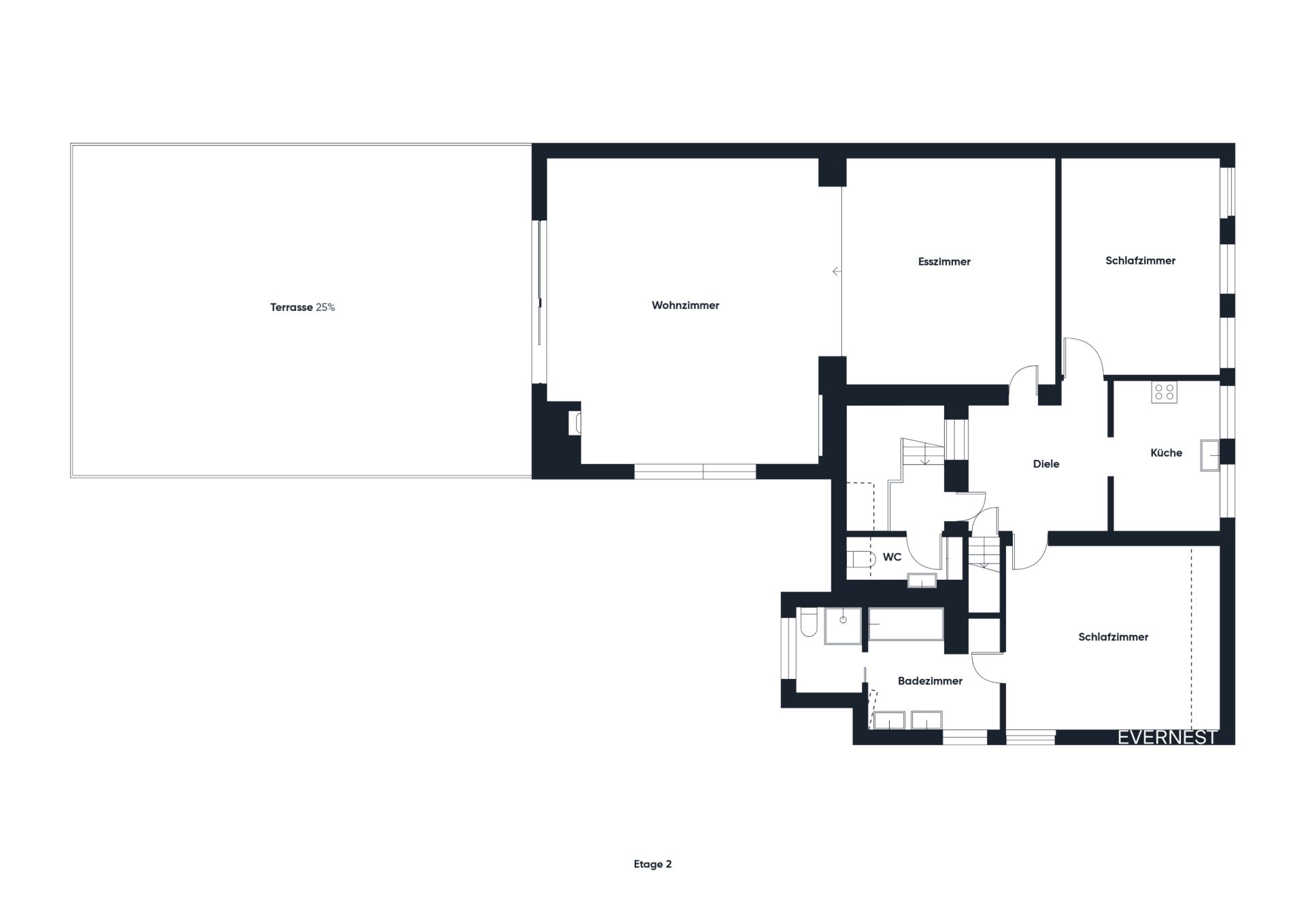 Grundriss mit Wohnzimmer, Esszimmer, Küche, Schlafzimmern, Bad, WC und großer Terrasse.