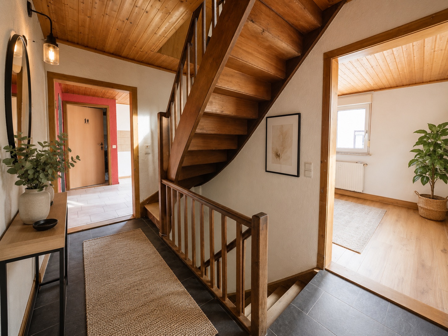 Heller Flur mit Holztreppe, einem Tisch mit Pflanze, Teppich und Zugang zu weiteren Räumen.