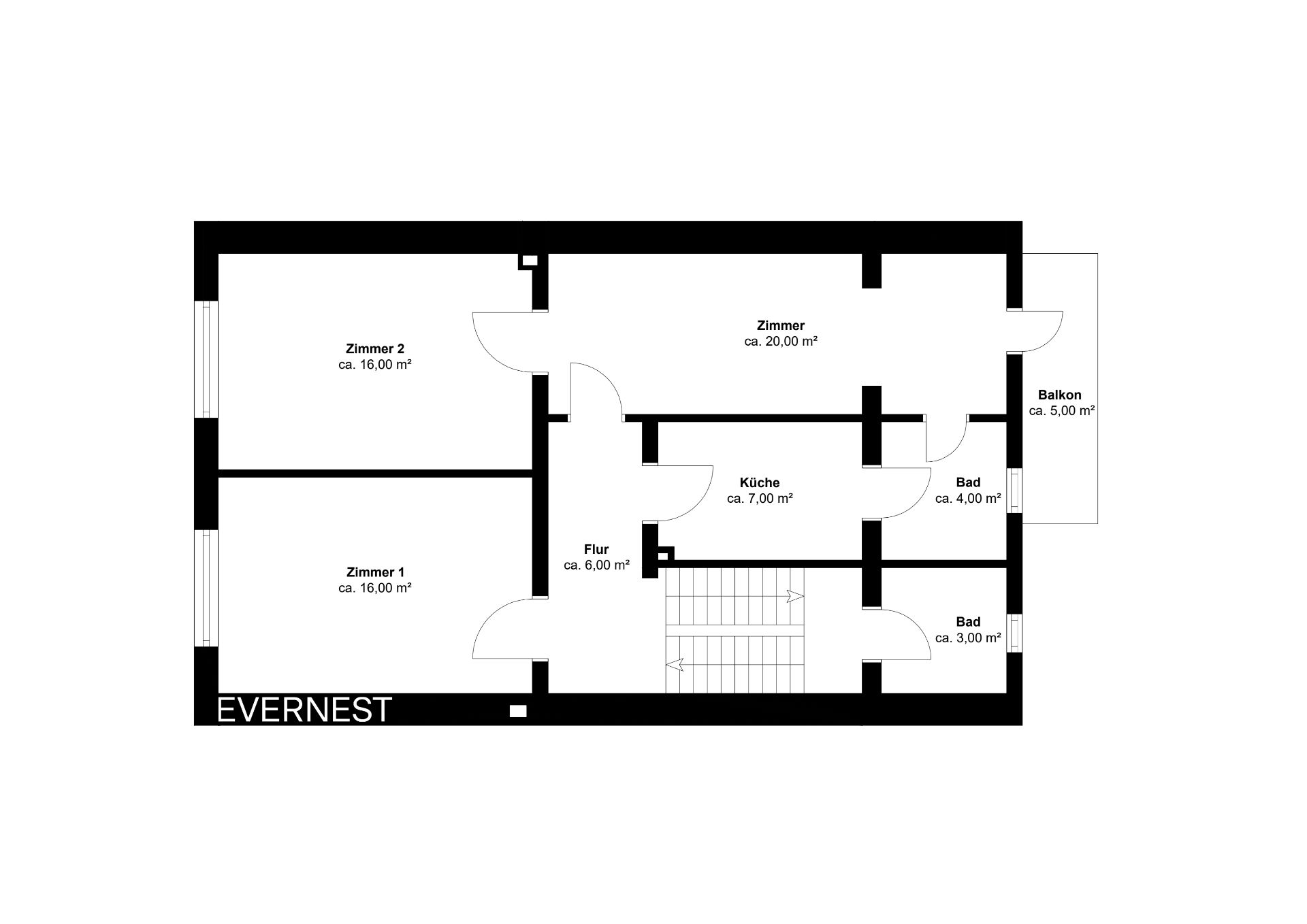 Grundriss mit drei Zimmern, Küche, Flur, zwei Bädern und Balkon.