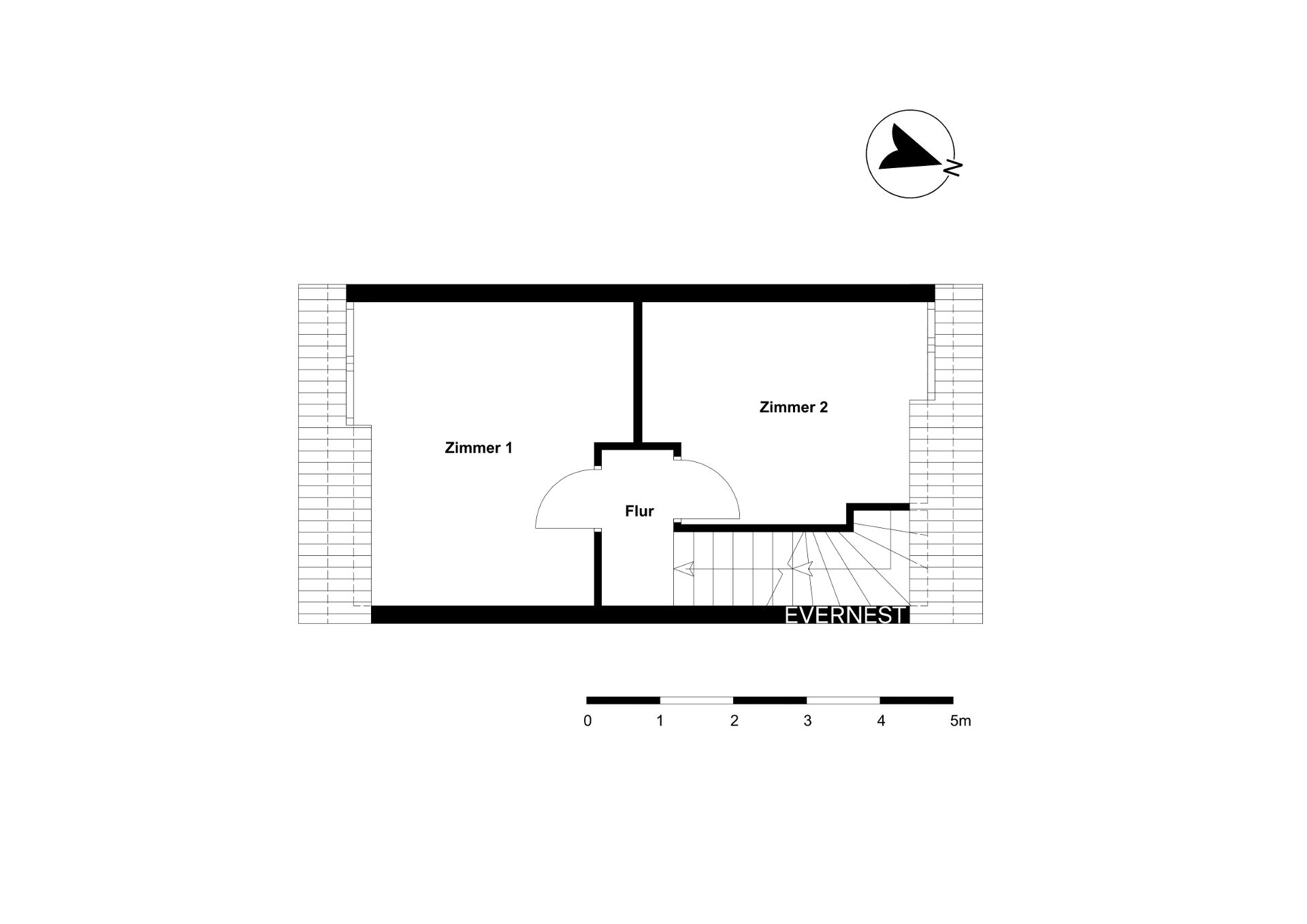 Grundriss mit zwei Zimmern und einem Flur, Treppe auf der rechten Seite.