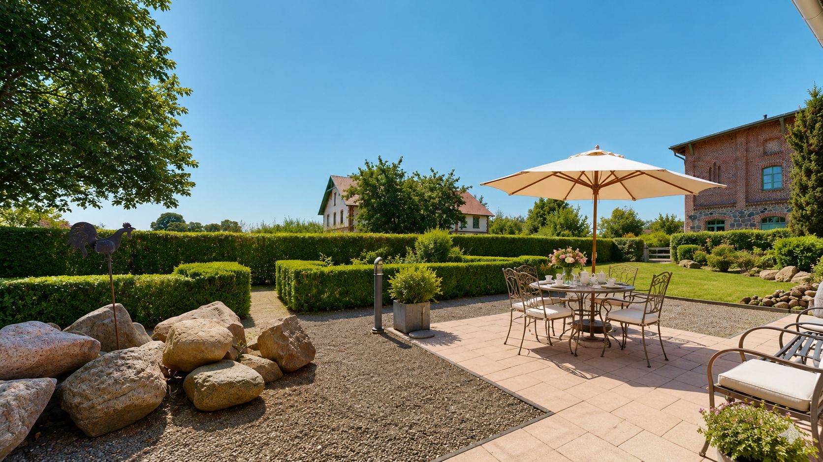 Gepflegter Garten mit Steinen, Terrasse, Sitzgruppe und Sonnenschirm an einem sonnigen Tag.