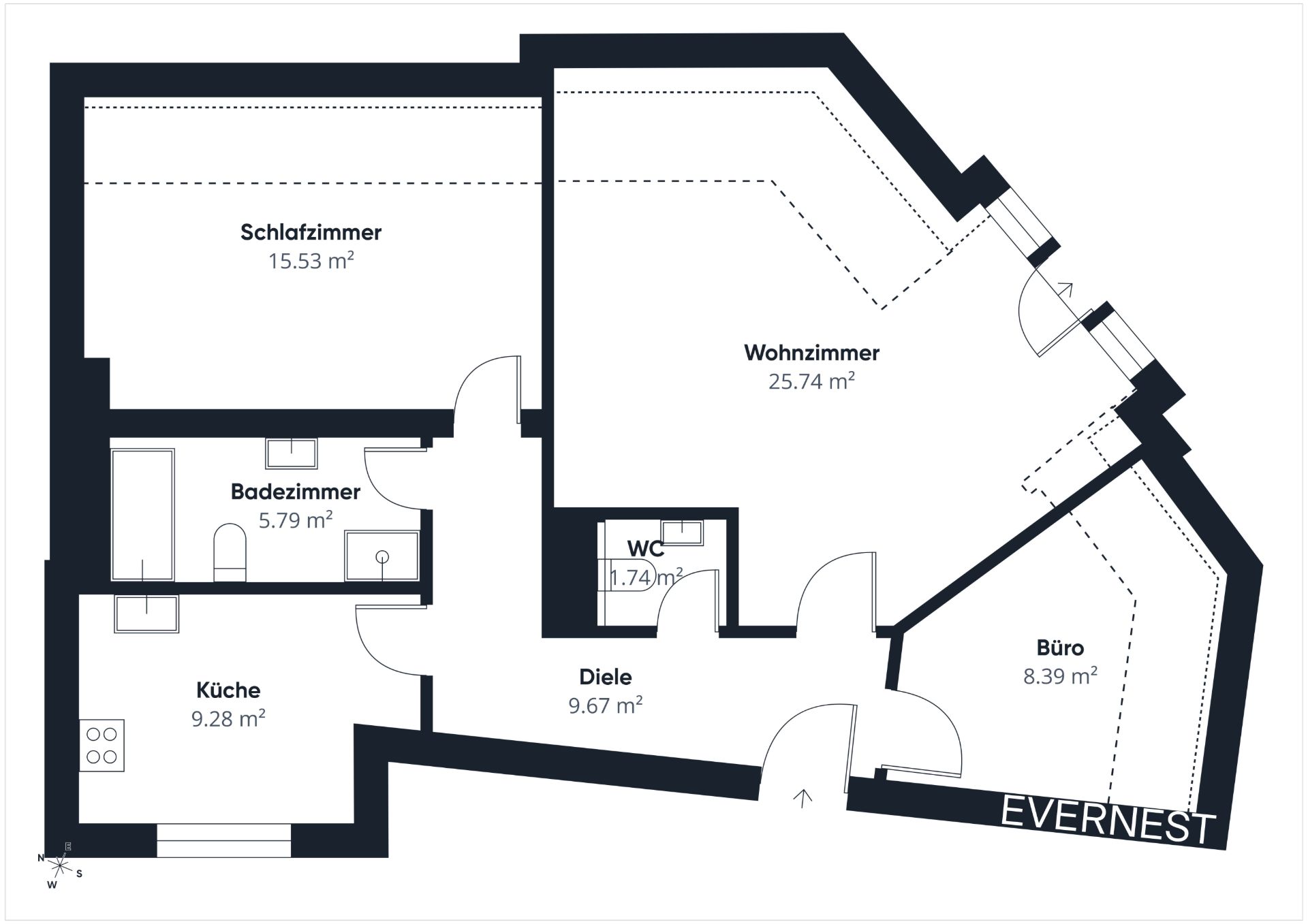 Grundriss einer Wohnung mit Schlafzimmer, Wohnzimmer, Küche, Bad, WC, Diele und Büro.