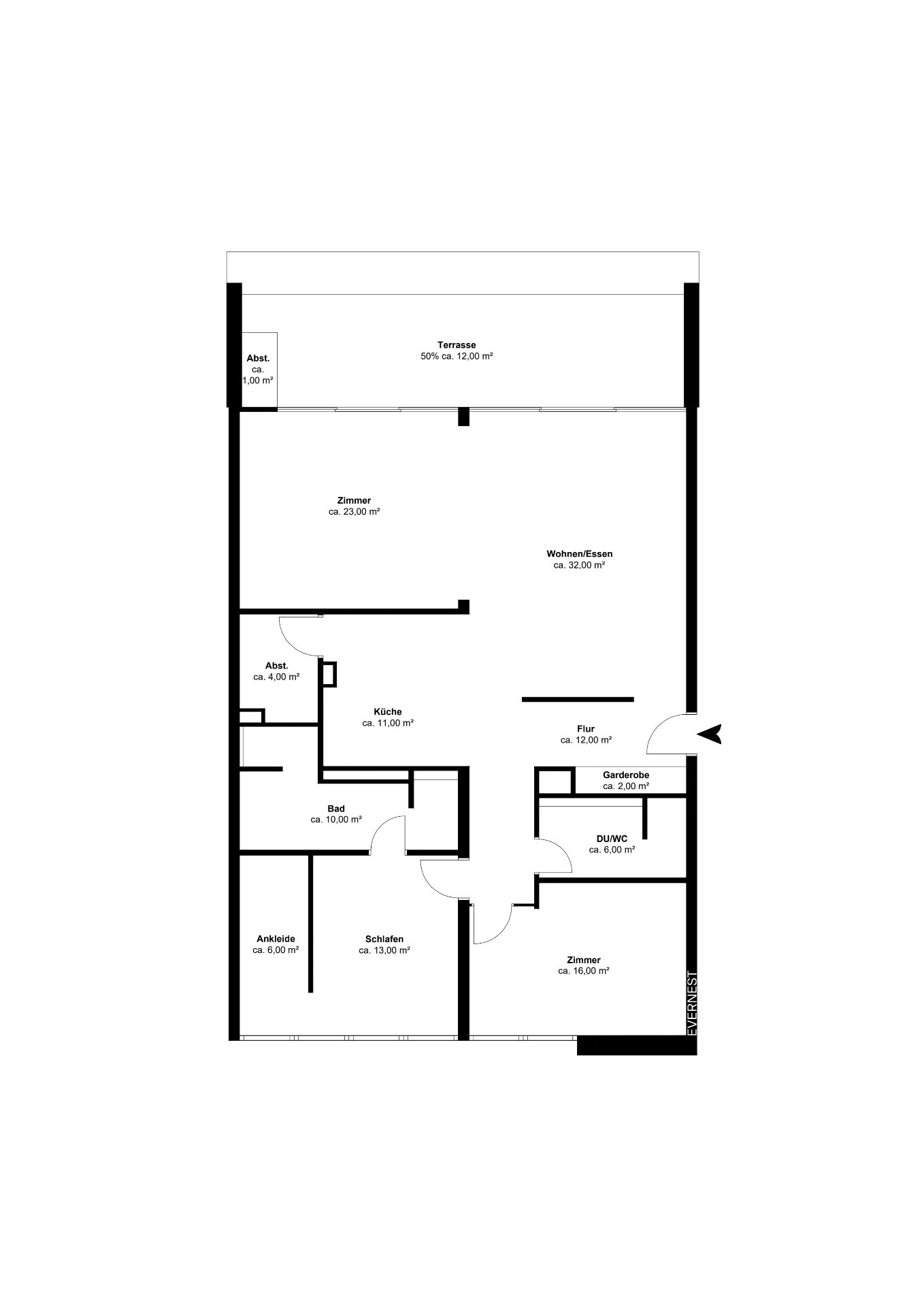 Grundriss einer Wohnung mit Terrasse, drei Zimmern, Küche, Bad und Flur.