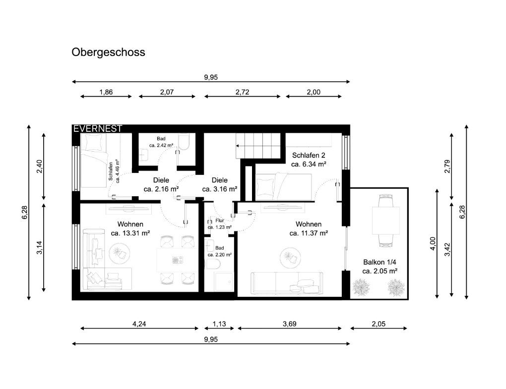 Grundriss eines Obergeschosses mit Wohnzimmern, Schlafzimmer, Bädern und Balkon.