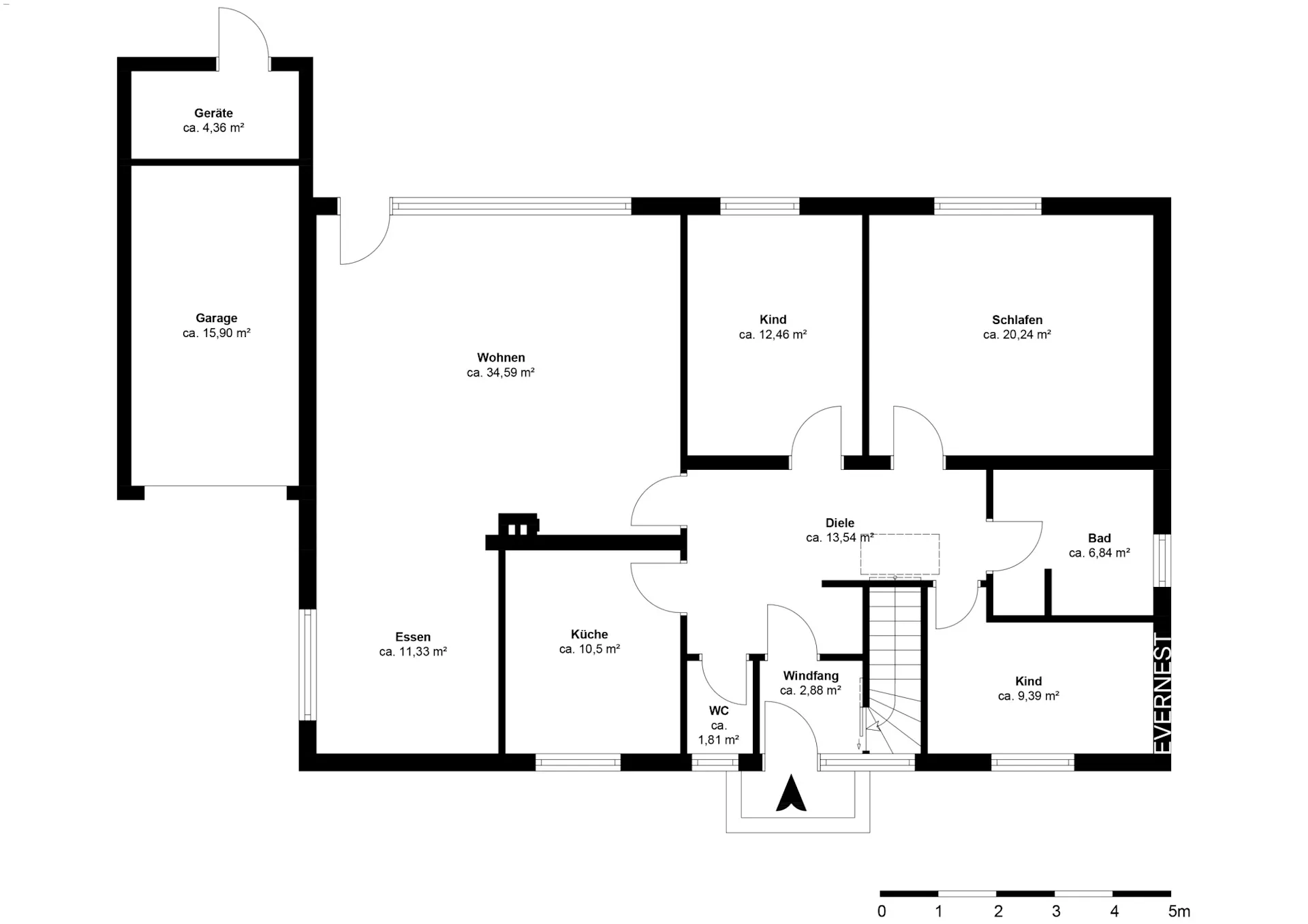 Grundriss eines Hauses mit Garage, Wohnzimmer, Küche, Bad, Schlafzimmer, Kinderzimmern und Diele.