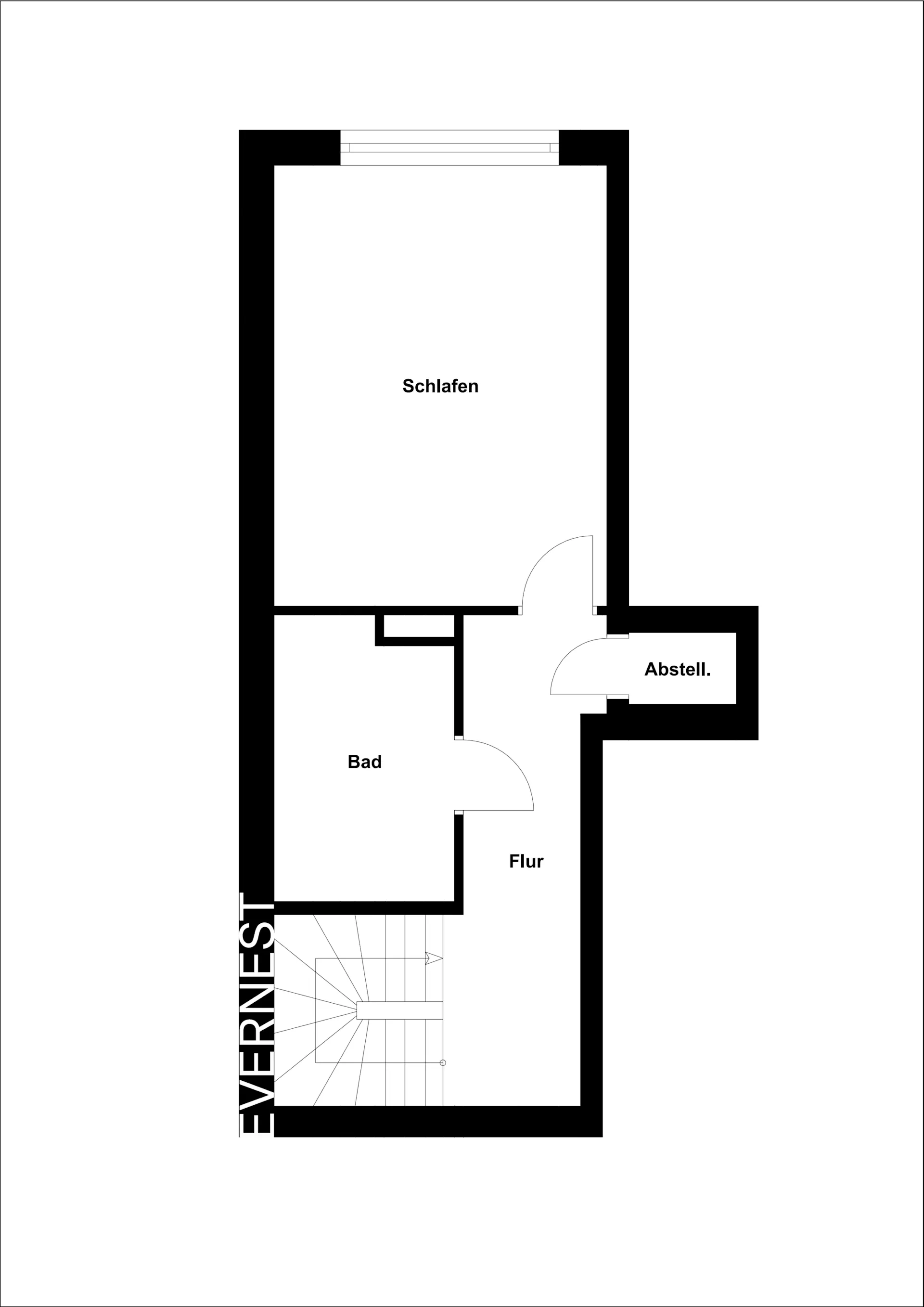 Grundriss mit Schlafzimmer, Bad, Flur und Abstellraum.