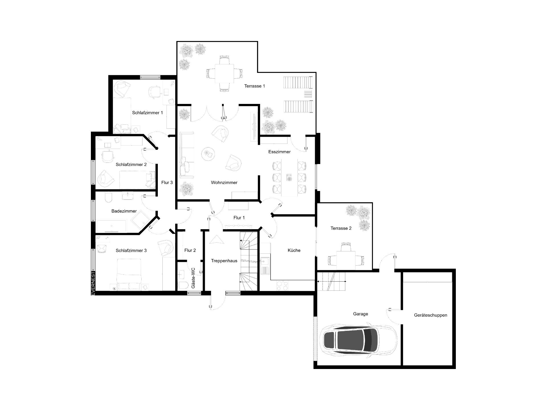 Grundriss eines Wohnhauses mit drei Schlafzimmern, Wohnzimmer, Küche, Esszimmer, zwei Terrassen und Garage.